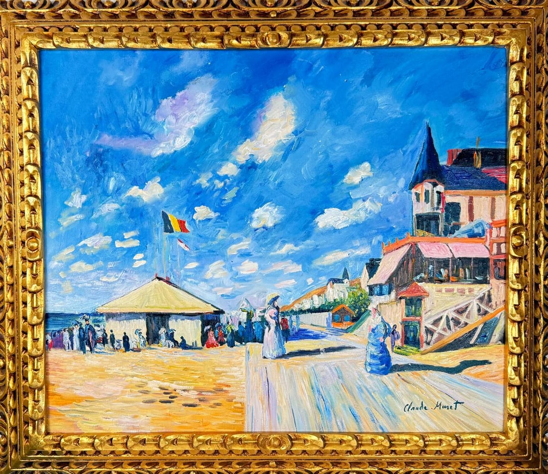 Claude Monet French (Oil on canvas painting) Style of: Oil on canvas painting 21 x 29 inches, rendered in the style of Claude Monet (14 Nov 1840 - 05 Dec 1926) was a French painter and founder of impressionist painting who is seen as a key precursor to mo