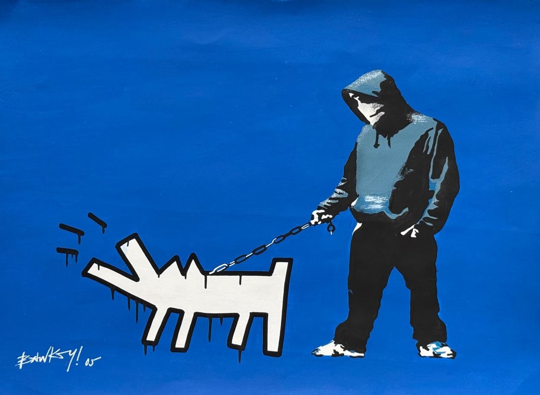 Banksy (Drawing on Paper Painting) Style of: Drawing on paper 8½ x 12 inches, rendered in the style of Banksy is the pseudonym of a british artist named Robbie Banks, who was possibly born in the Bristol area in the mid-1970s. Provenance: