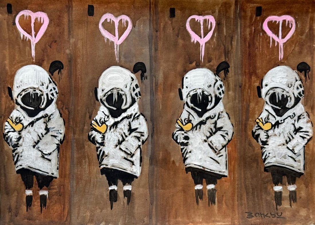 Banksy (Drawing on Paper Painting) Style of: Drawing on paper 8½ x 12 inches, rendered in the style of Banksy is the pseudonym of a british artist named Robbie Banks, who was possibly born in the Bristol area in the mid-1970s. Provenance: