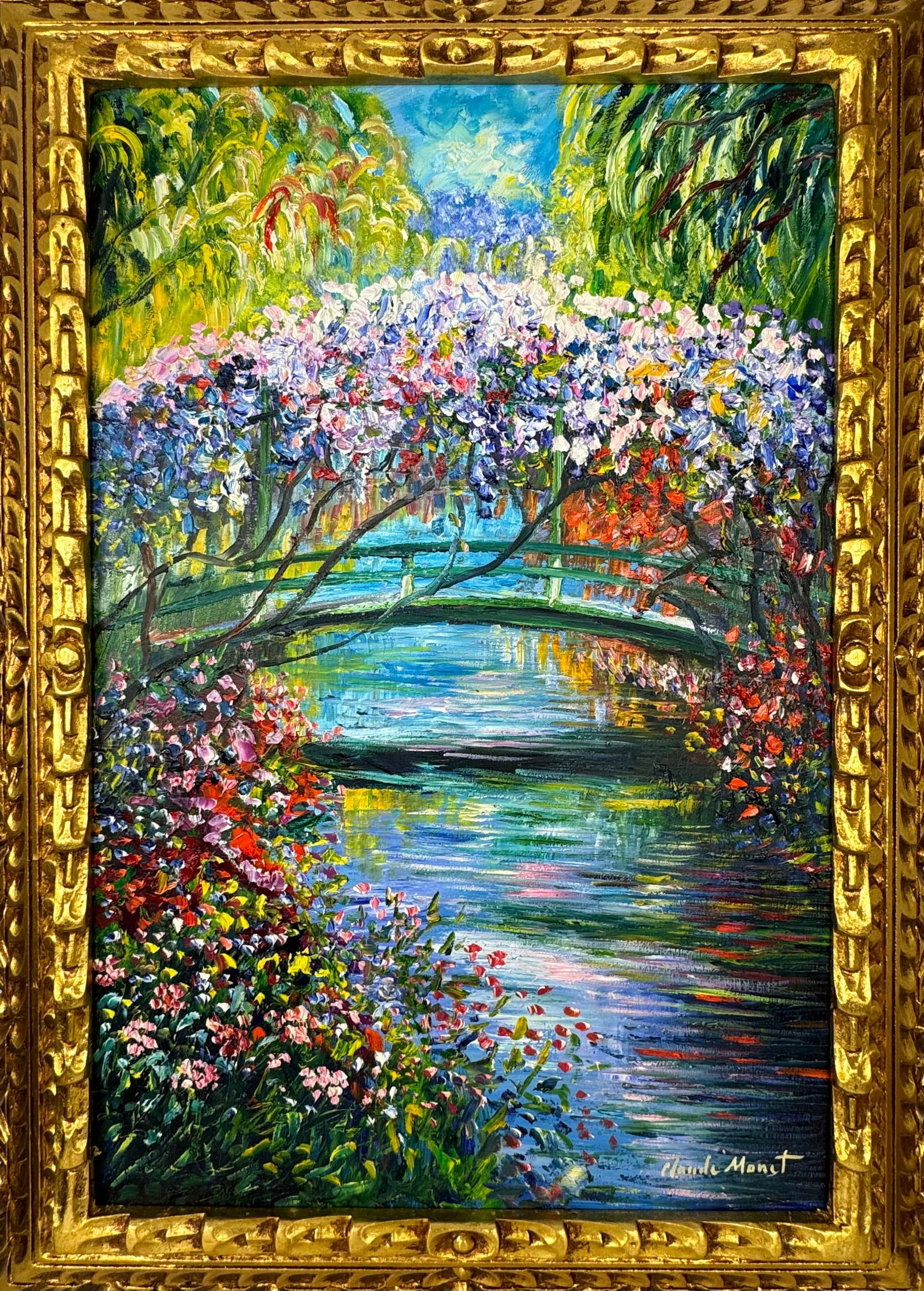 Claude Monet French (Oil on canvas painting) Style of: Oil on canvas painting 21 x 29 inches, rendered in the style of Claude Monet (14 Nov 1840 - 05 Dec 1926) was a French painter and founder of impressionist painting who is seen as a key precursor to mo