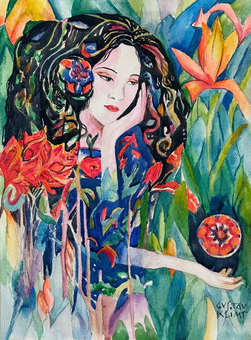 Gustav Klimt (Drawing on Paper Painting) Style of: Drawing on paper 8 x 10½ inches, rendered in the style of Gustav Klimt (14 Jul 1862 - 06 Feb 1918) was an Austrian symbolist painter and one of the most prominent members of the Vienna Secessio