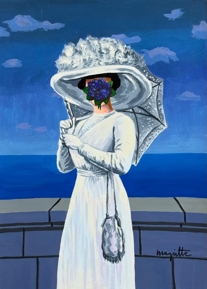 Rene Magritte (Drawing on Paper Painting) Style of: Drawing on paper 9 x 12 inches, rendered in the style of Rene Magritte between (21 Nov 1898 - 15 Aug 1967) was a Belgian surrealist artist known for his depictions of familiar objects in unfamiliar, u