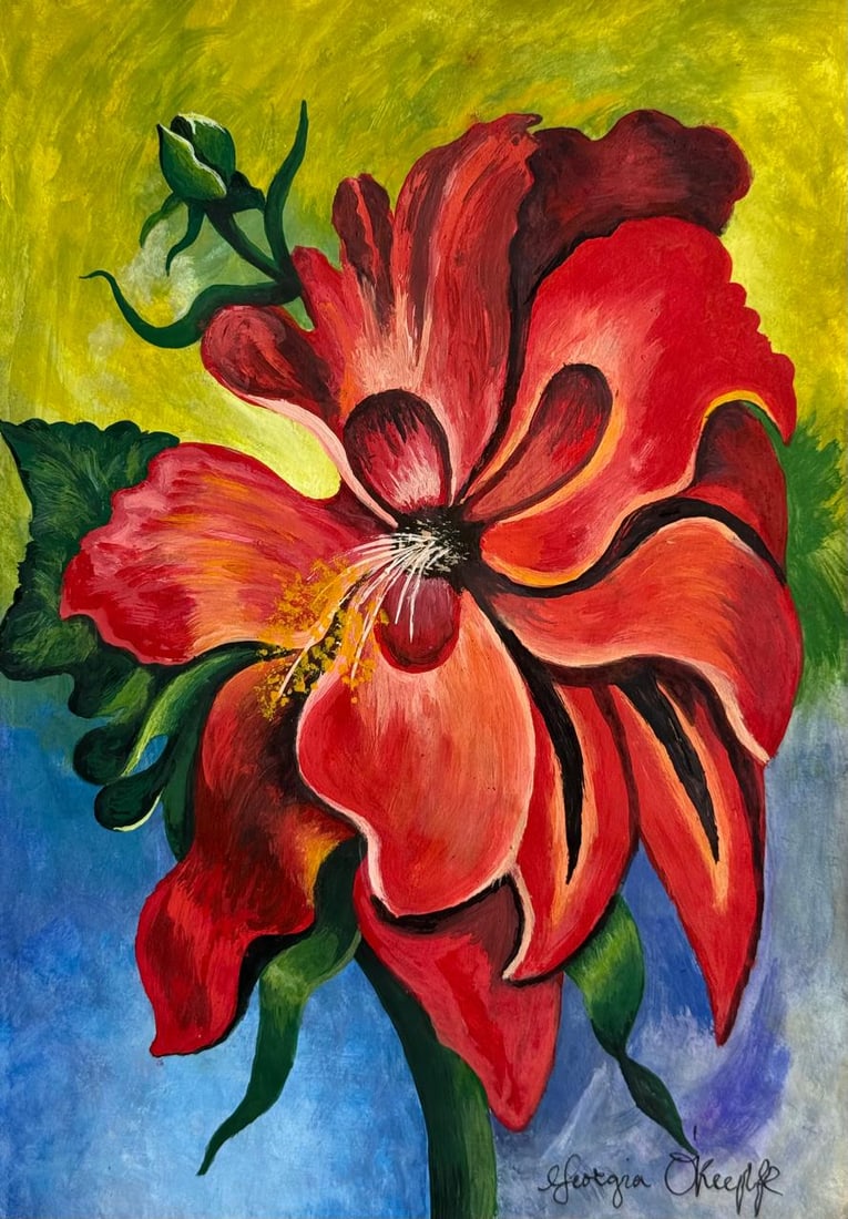 Georgia O'Keeffe (Drawing on Paper Painting) Style of: Drawing on paper 7½ x 11 inches, rendered in the style Georgia O'Keeffe (15 Nov 1887 - 06 Mar 1986) was an American modernist painter and draftswoman whose career spanned seven decades and whos