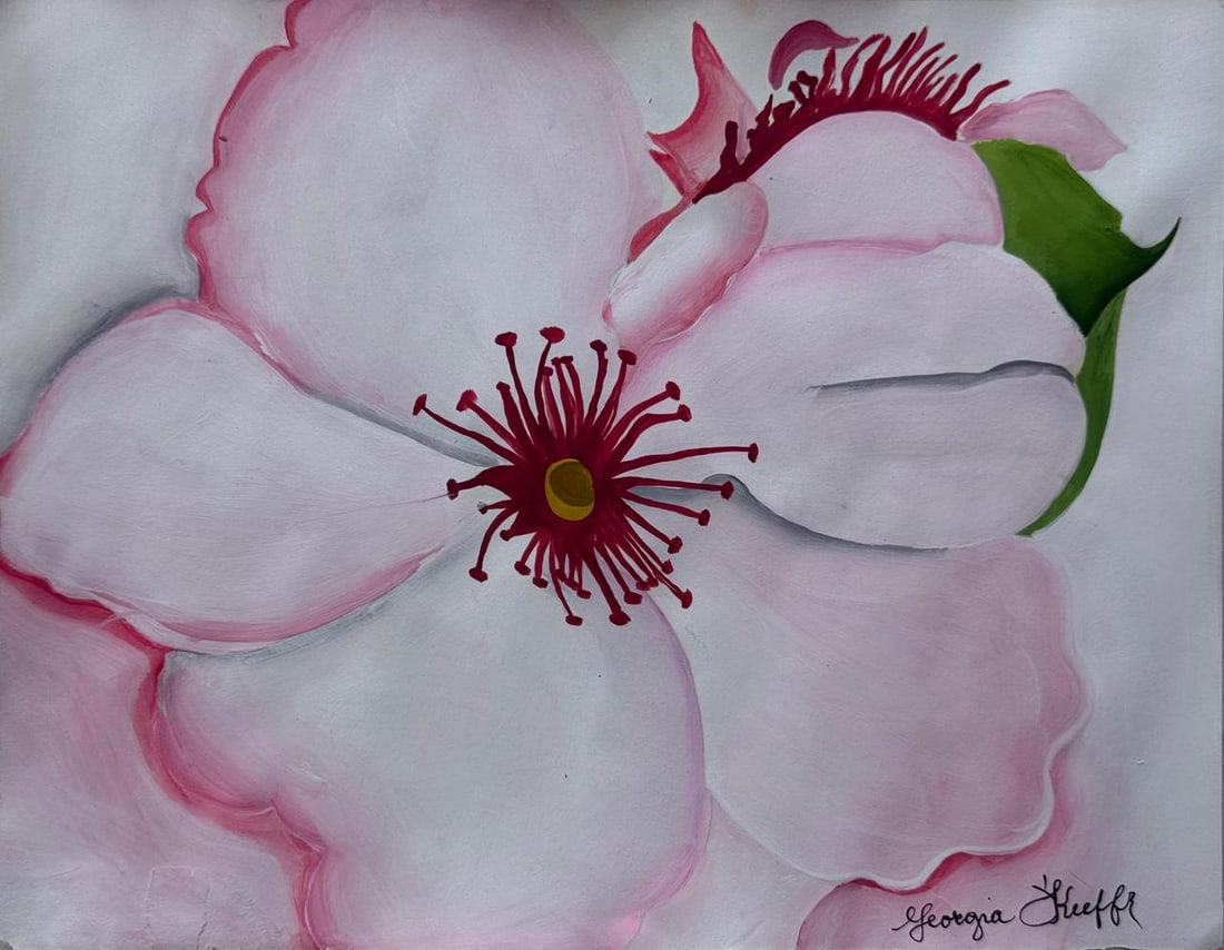 Georgia O'Keeffe (Drawing on Paper Painting) Style of: Drawing on paper 8 x 10½ inches, rendered in the style Georgia O'Keeffe (15 Nov 1887 - 06 Mar 1986) was an American modernist painter and draftswoman whose career spanned seven decades and whos