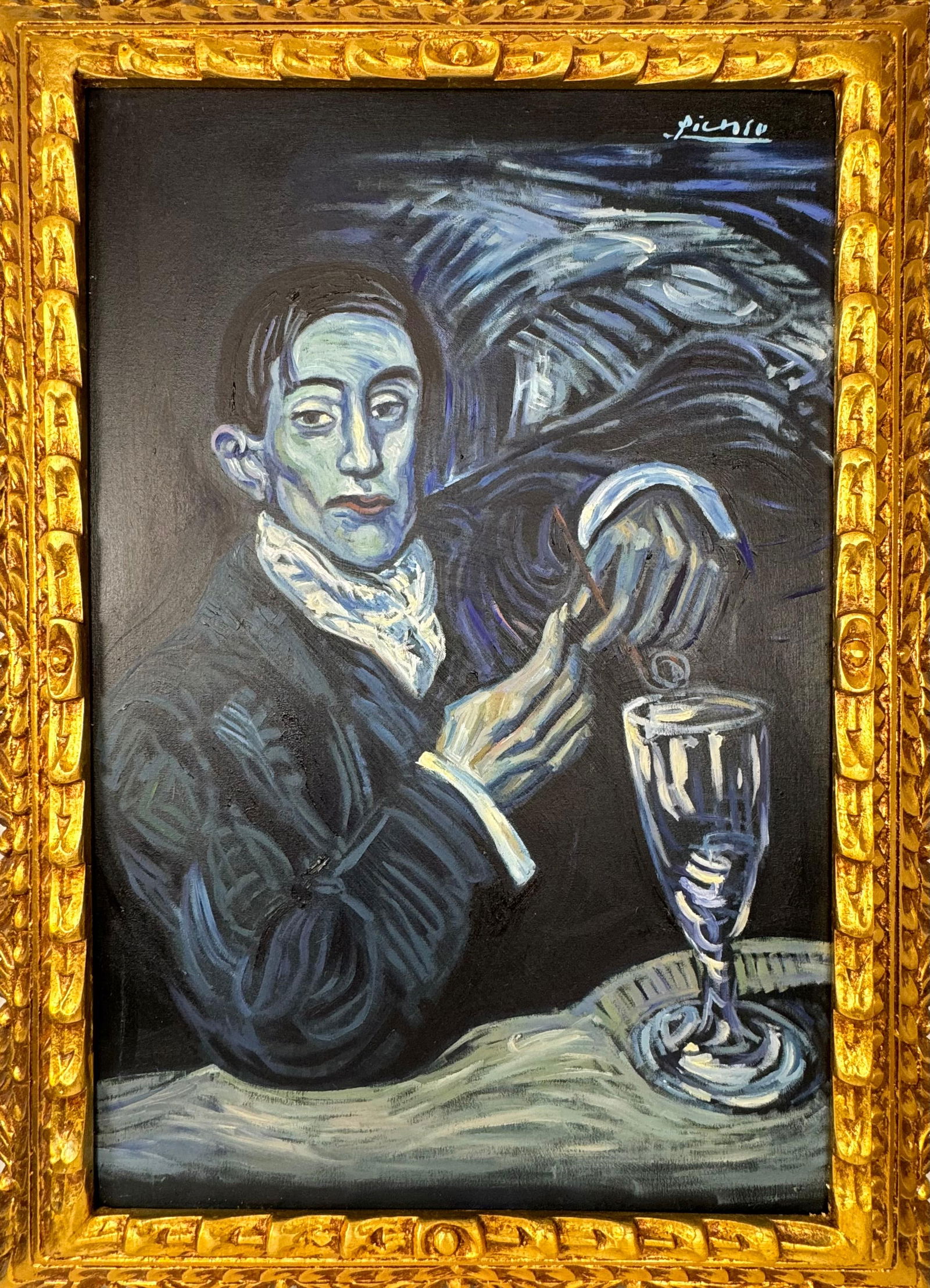 Pablo Picasso Spanish (Oil on canvas painting) Style of: Oil on canvas painting 21 x 29 inches, rendered in the style of Pablo Picasso (25 Oct 1881 - 08 Apr 1973) was a Spanish painter,he grew up in Barcelona, showing artistic talent at an early age. Proven