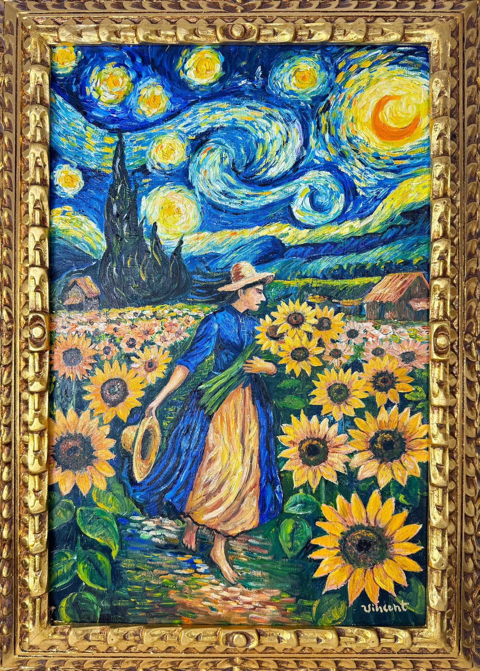 Vincent Van Gogh (Oil on canvas painting) Style of: Oil on canvas painting 21 x 29 inches, rendered in the style of Vincent Van Gogh (30 Mar 1853 - 29 Jul 1890) was a Dutch painter, generally considered to be the greatest after Rembrandt van Rijn, and