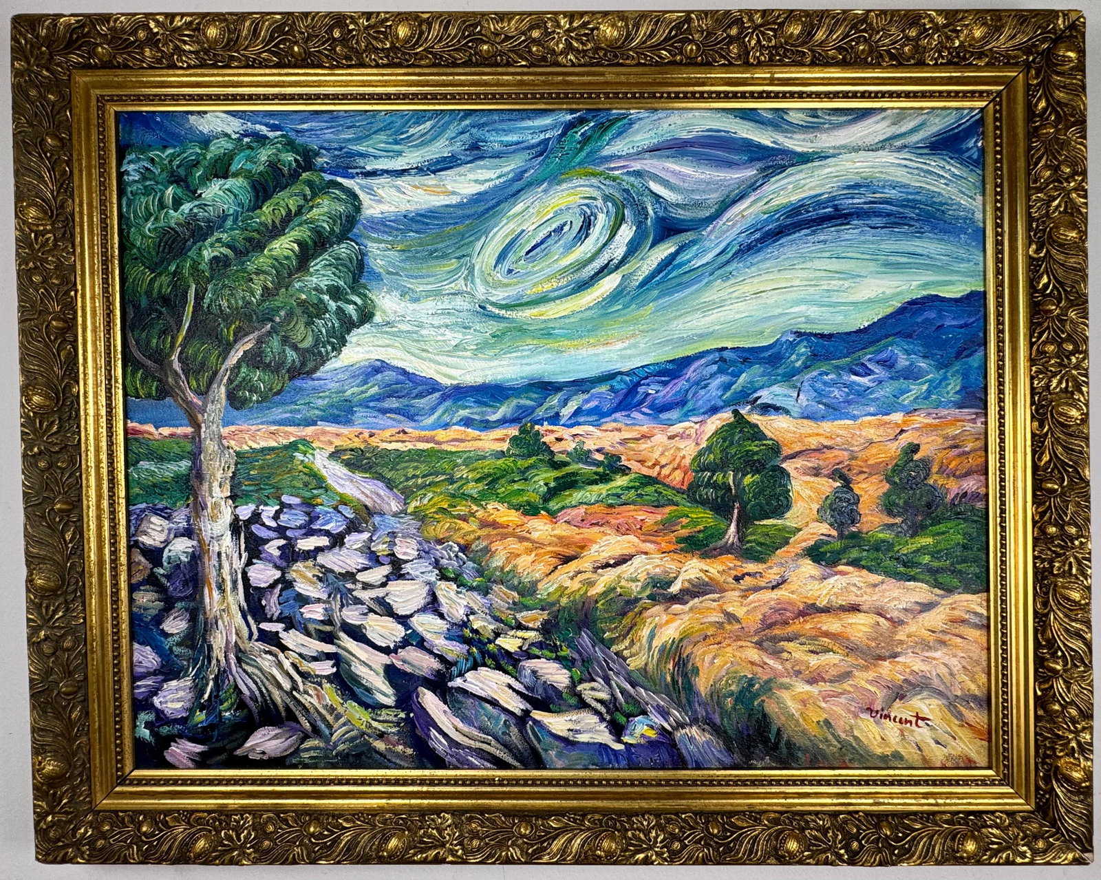 Vincent Van Gogh (Oil on canvas painting) Style of: Oil on canvas painting 24 x 29½ inches, rendered in the style of Vincent Van Gogh (30 Mar 1853 - 29 Jul 1890) was a Dutch painter, generally considered to be the greatest after Rembrandt van Ri