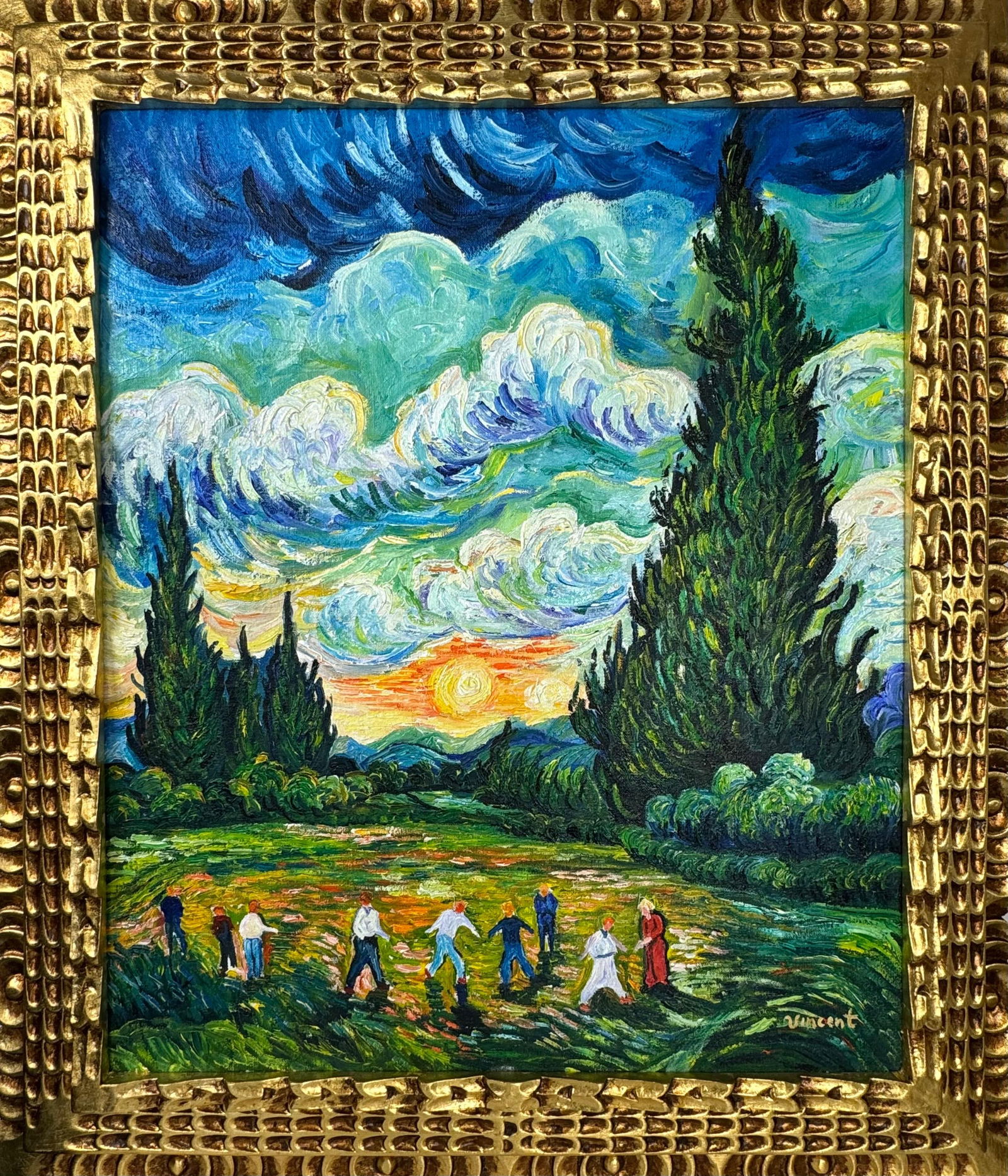 Vincent Van Gogh (Oil on canvas painting) Style of: Oil on canvas painting 25 x 29 inches, rendered in the style of Vincent Van Gogh (30 Mar 1853 - 29 Jul 1890) was a Dutch painter, generally considered to be the greatest after Rembrandt van Rijn, and