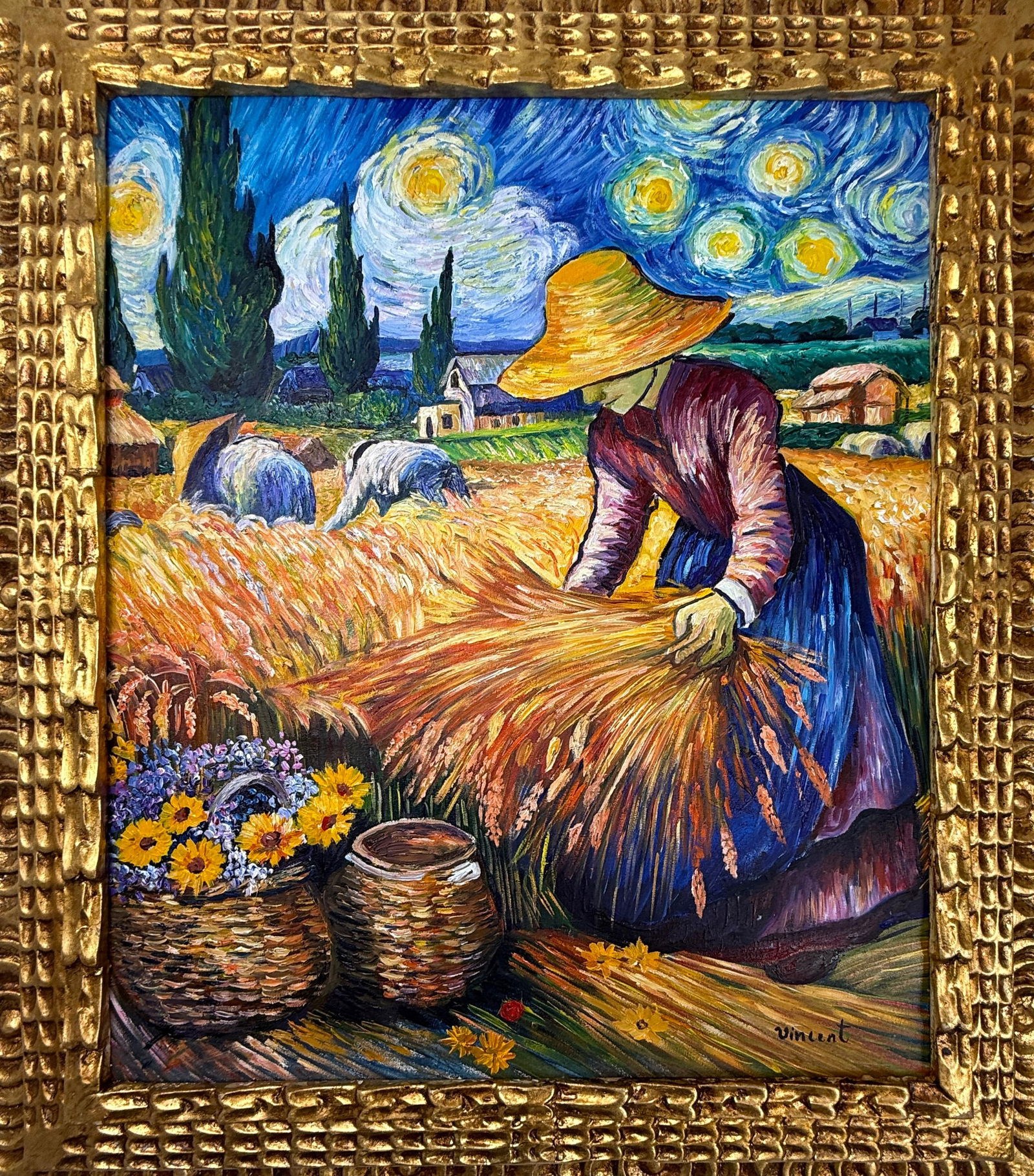 Vincent Van Gogh (Oil on canvas painting) Style of: Oil on canvas painting 25 x 29 inches, rendered in the style of Vincent Van Gogh (30 Mar 1853 - 29 Jul 1890) was a Dutch painter, generally considered to be the greatest after Rembrandt van Rijn, and