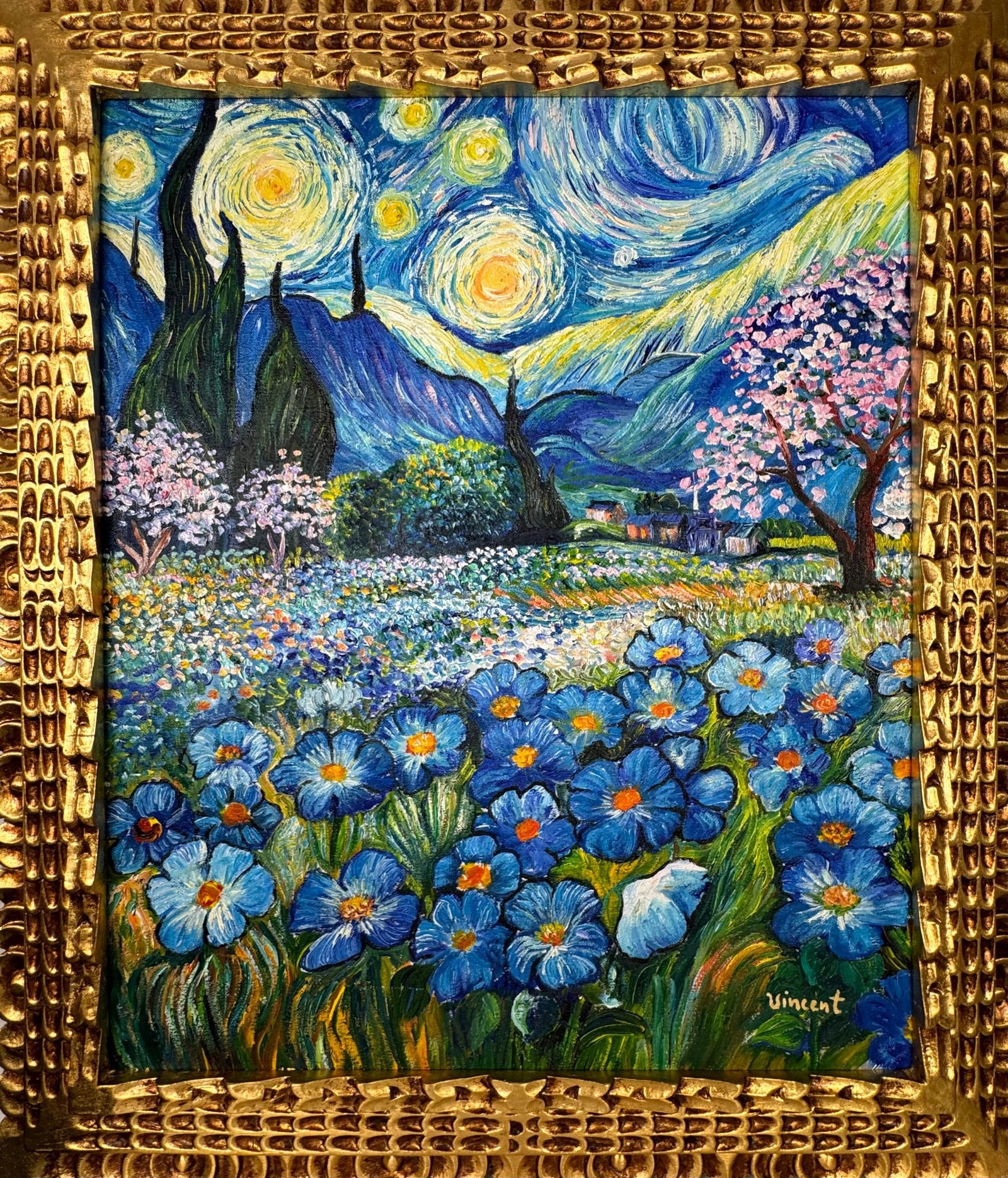Vincent Van Gogh (Oil on canvas painting) Style of: Oil on canvas painting 25 x 29 inches, rendered in the style of Vincent Van Gogh (30 Mar 1853 - 29 Jul 1890) was a Dutch painter, generally considered to be the greatest after Rembrandt van Rijn, and