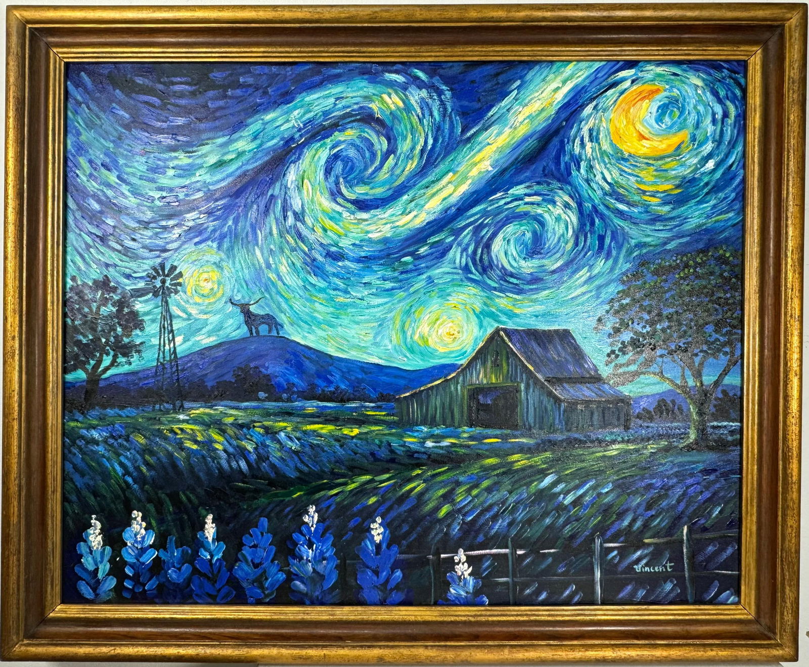 Vincent Van Gogh (Oil on canvas painting) Style of: Oil on canvas painting 29½ x 36 inches, rendered in the style of Vincent Van Gogh (30 Mar 1853 - 29 Jul 1890) was a Dutch painter, generally considered to be the greatest after Rembrandt van Ri
