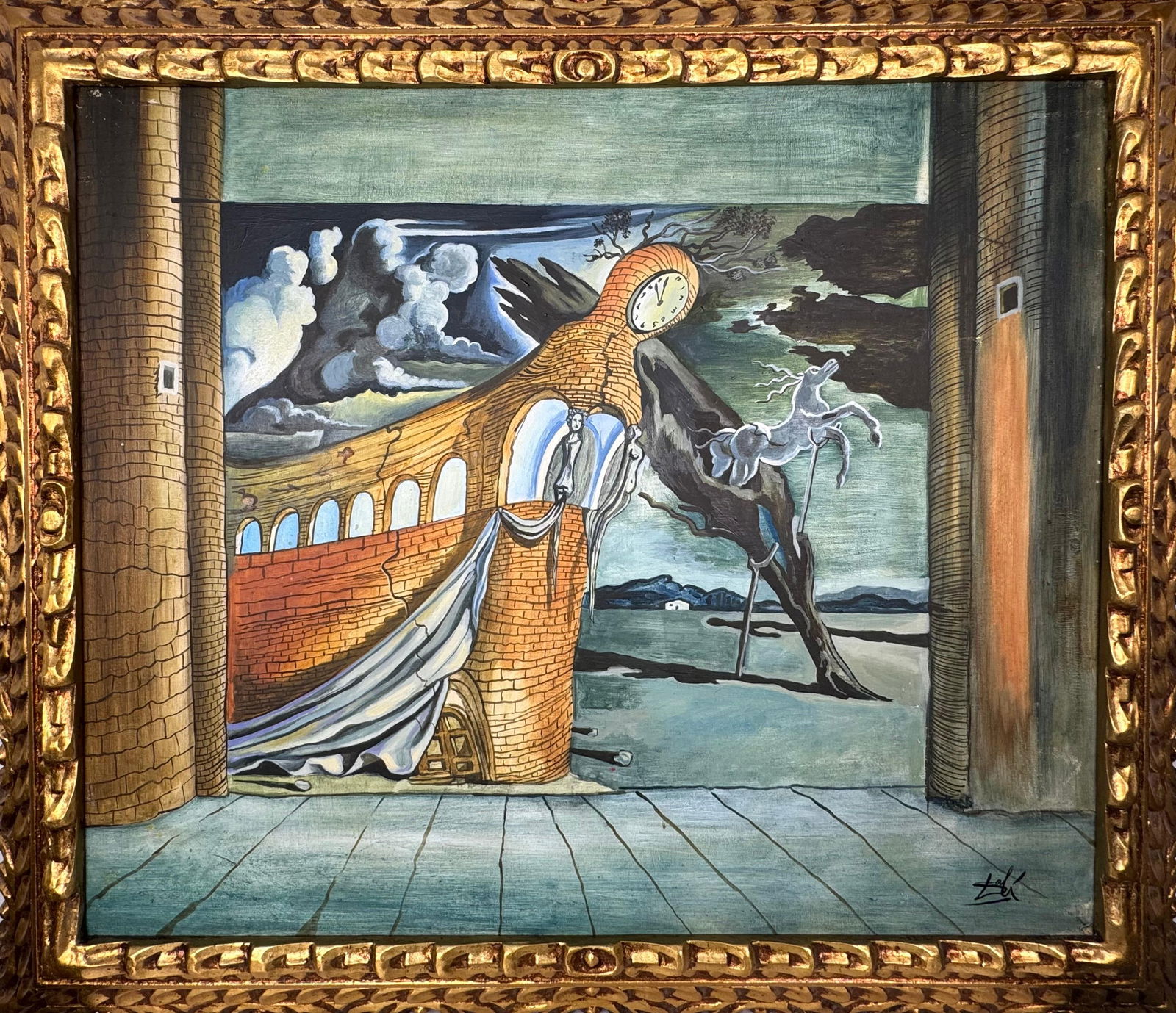 Salvador Dali Spanish (Oil on canvas painting) Style of: Oil on canvas painting 25 x 29 inches, rendered in the style of Salvador Dali between (11 May 1904 - 23 Jan 1989) was a Spanish surrealist artist, painter and printmaker, influential for his explorati