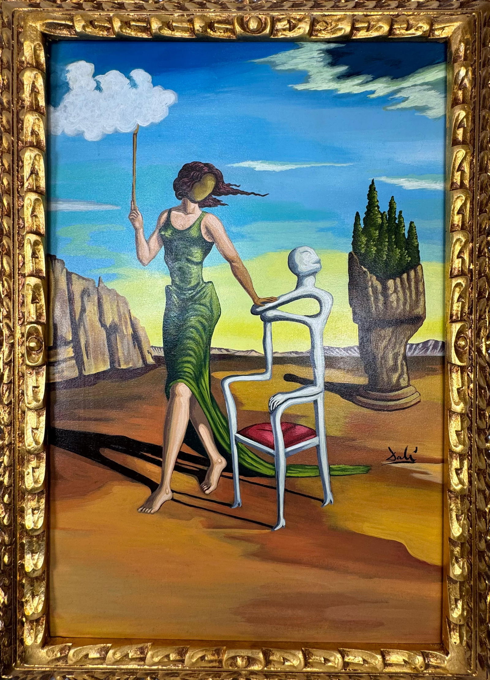 Salvador Dali Spanish (Oil on canvas painting) Style of: Oil on canvas painting 21 x 29 inches, rendered in the style of Salvador Dali between (11 May 1904 - 23 Jan 1989) was a Spanish surrealist artist, painter and printmaker, influential for his explorati
