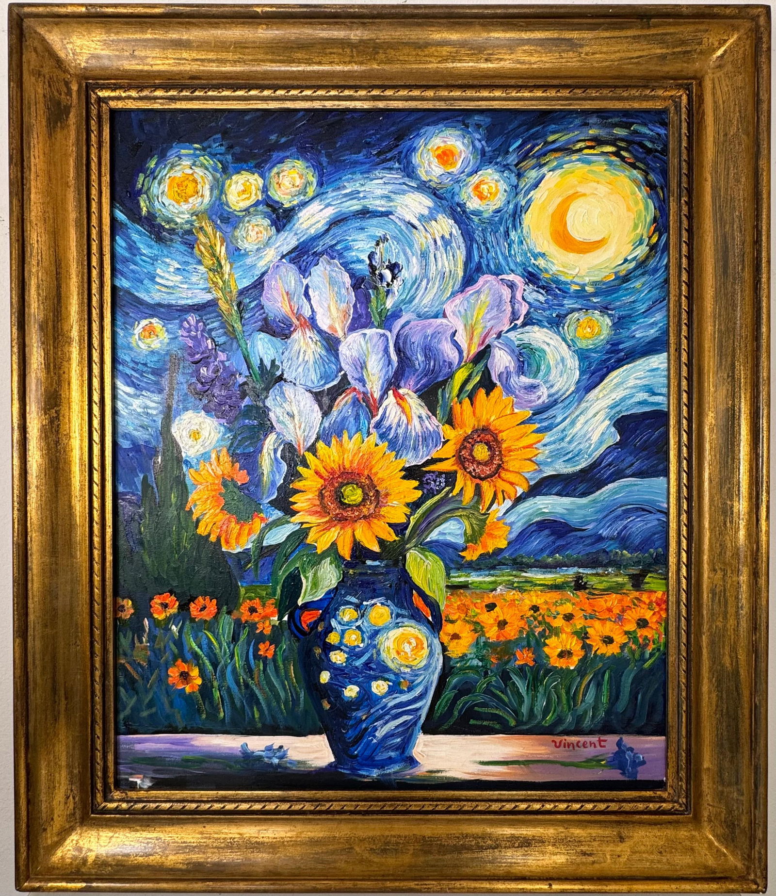 Vincent Van Gogh (Oil on canvas painting) Style of: Oil on canvas painting 25 x 29½ inches, rendered in the style of Vincent Van Gogh (30 Mar 1853 - 29 Jul 1890) was a Dutch painter, generally considered to be the greatest after Rembrandt van Ri