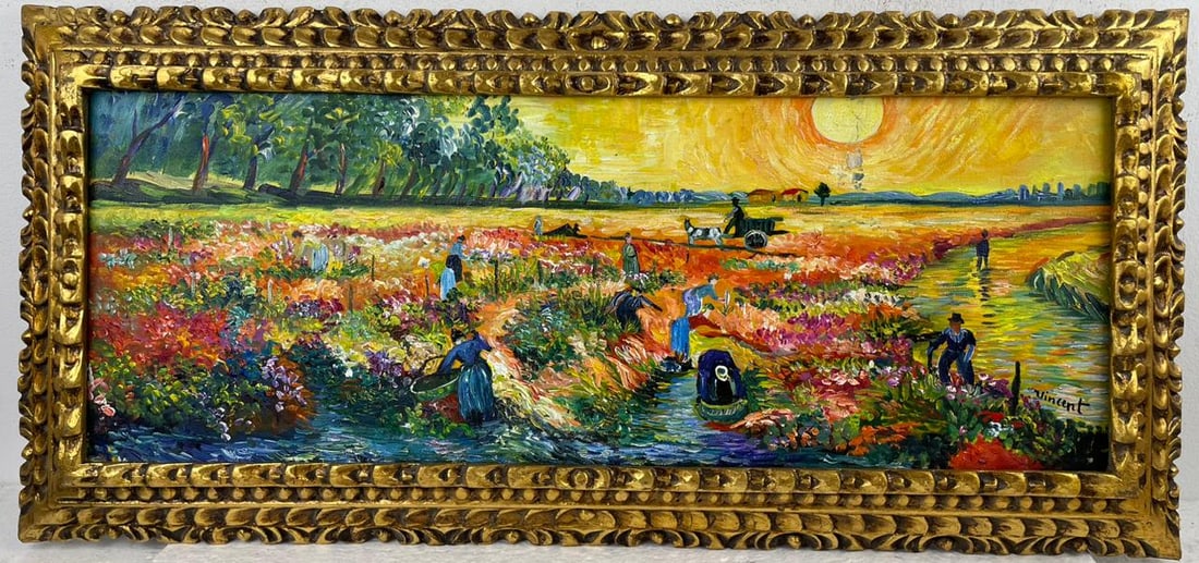 Vincent Van Gogh (Oil on canvas painting) Style of: Oil on canvas painting 17 x 37 inches, rendered in the style of Vincent Van Gogh (30 Mar 1853 - 29 Jul 1890) was a Dutch painter, generally considered to be the greatest after Rembrandt van Rijn, and