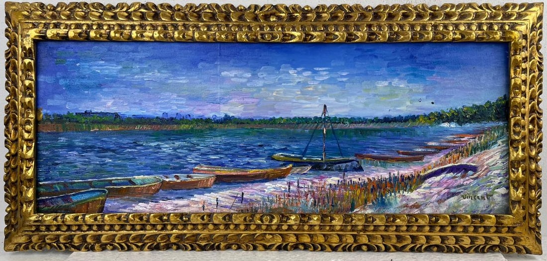 Vincent Van Gogh (Oil on canvas painting) Style of: Oil on canvas painting 17 x 37 inches, rendered in the style of Vincent Van Gogh (30 Mar 1853 - 29 Jul 1890) was a Dutch painter, generally considered to be the greatest after Rembrandt van Rijn, and