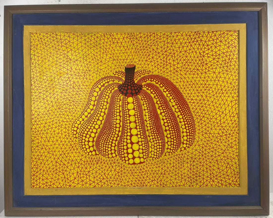 Yayoi Kusama (Oil on canvas painting) Style of: Oil on canvas painting 31½ x 39½ inches, rendered in the style of Yayoi Kusama born 22 March 1929, is a Japanese contemporary artist who works primarily in sculpture and installation, an