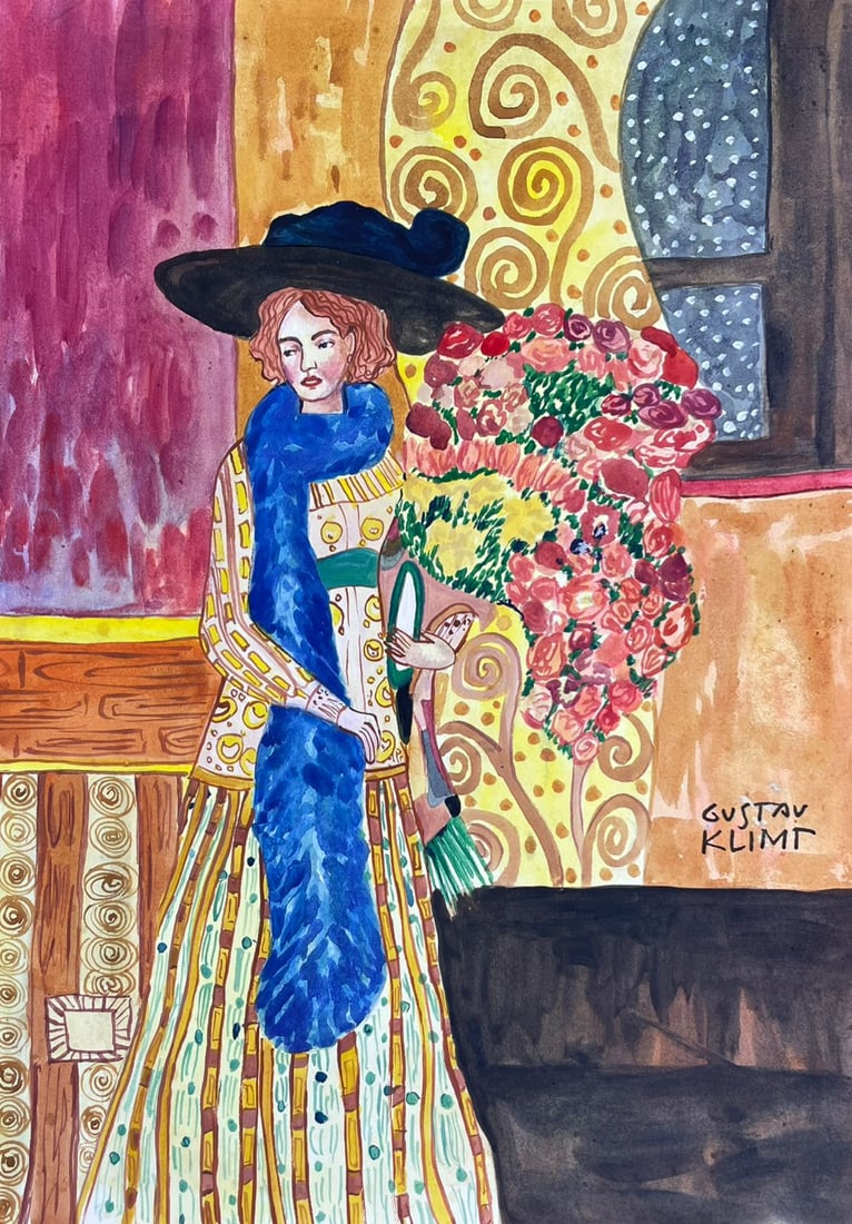 Gustav Klimt (Drawing on Paper Painting) Style of: Drawing on paper 8 x 12 inches, rendered in the style of Gustav Klimt (14 Jul 1862 - 06 Feb 1918) was an Austrian symbolist painter and one of the most prominent members of the Vienna Secession moveme