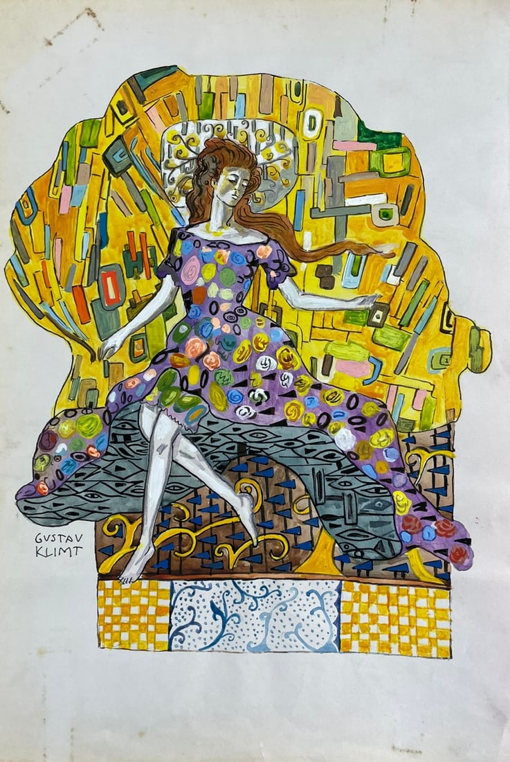 Gustav Klimt (Drawing on Paper Painting) Style of: Drawing on paper 8 x 12 inches, rendered in the style of Gustav Klimt (14 Jul 1862 - 06 Feb 1918) was an Austrian symbolist painter and one of the most prominent members of the Vienna Secession moveme