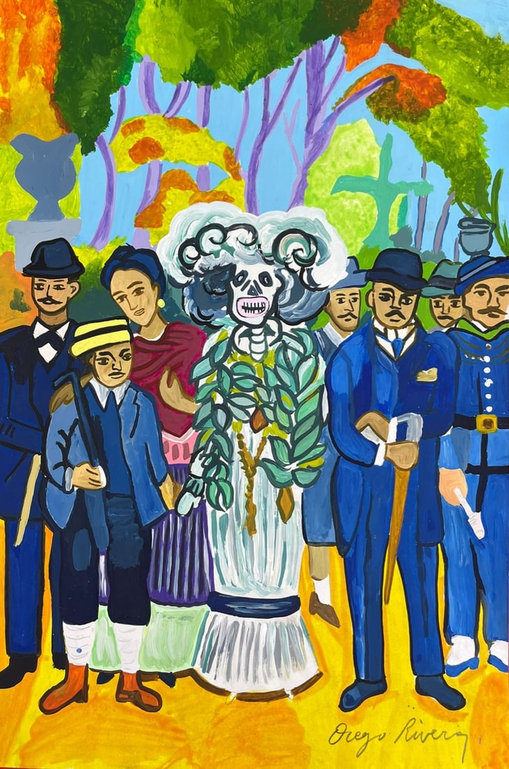 Diego Rivera (Drawing on Paper Painting) Style of: Drawing on paper 7½ x 11½ inches, rendered in the style of Diego Rivera (08 Dec 1886 - 24 Nov 1957) was a prominent Mexican painter. His large frescoes helped establish the mural movemen