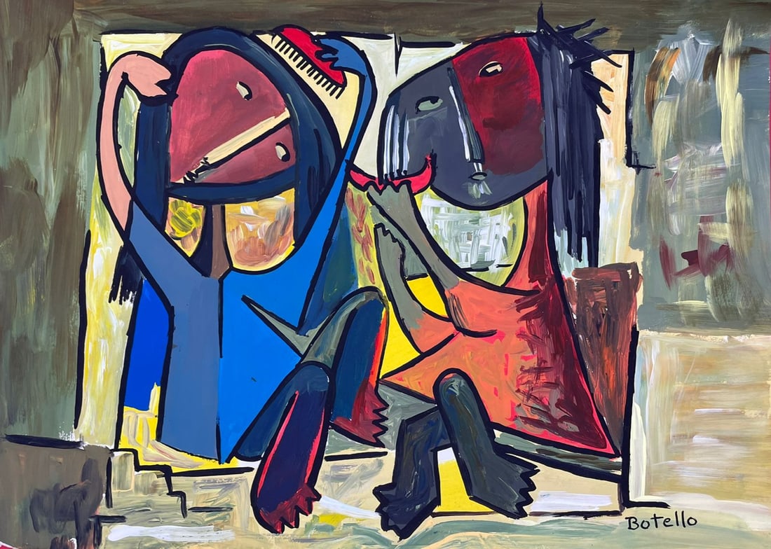 Angel Botello (Drawing on Paper Painting) Style of: Mixed media on paper 8 x 12 inches, rendered in the style of Angel Botello (20 Jun 1913 - 11 Nov 1986) was a Spanish-Puerto Rican painter, sculptor and graphic artist. He was dubbed "The Caribbean Gau