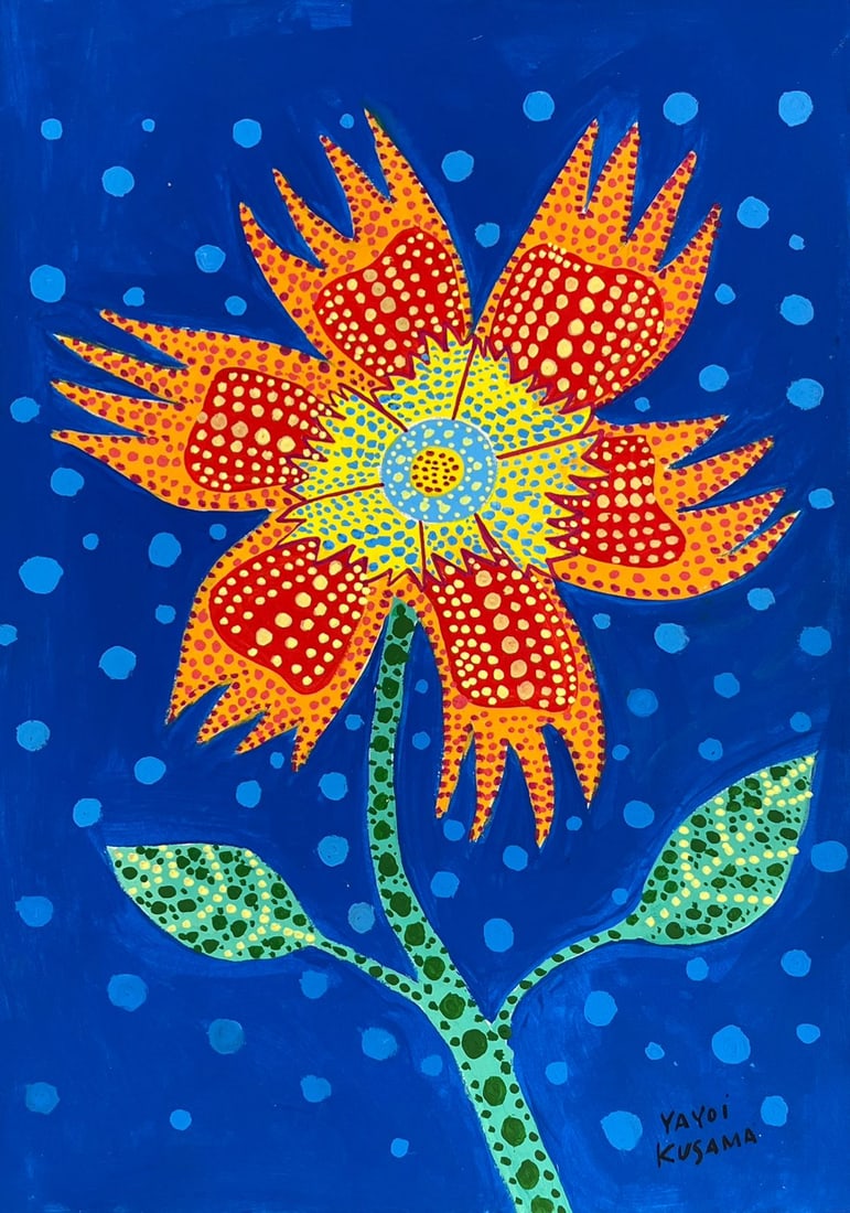 Yayoi Kusama (Drawing on Paper Painting) Style of: Drawing on paper 8 x 12 inches, rendered in the style of Yayoi Kusama, born 22 March 1929, is a Japanese contemporary artist who works primarily in sculpture and installation, and is also active in pa