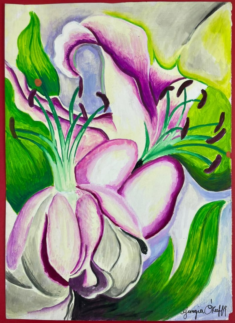 Georgia O'Keeffe (Drawing on Paper Painting) Style of: Drawing on paper 8 x 12 inches, rendered in the style Georgia O'Keeffe (15 Nov 1887 - 06 Mar 1986) was an American modernist painter and draftswoman whose career spanned seven decades and whose work r