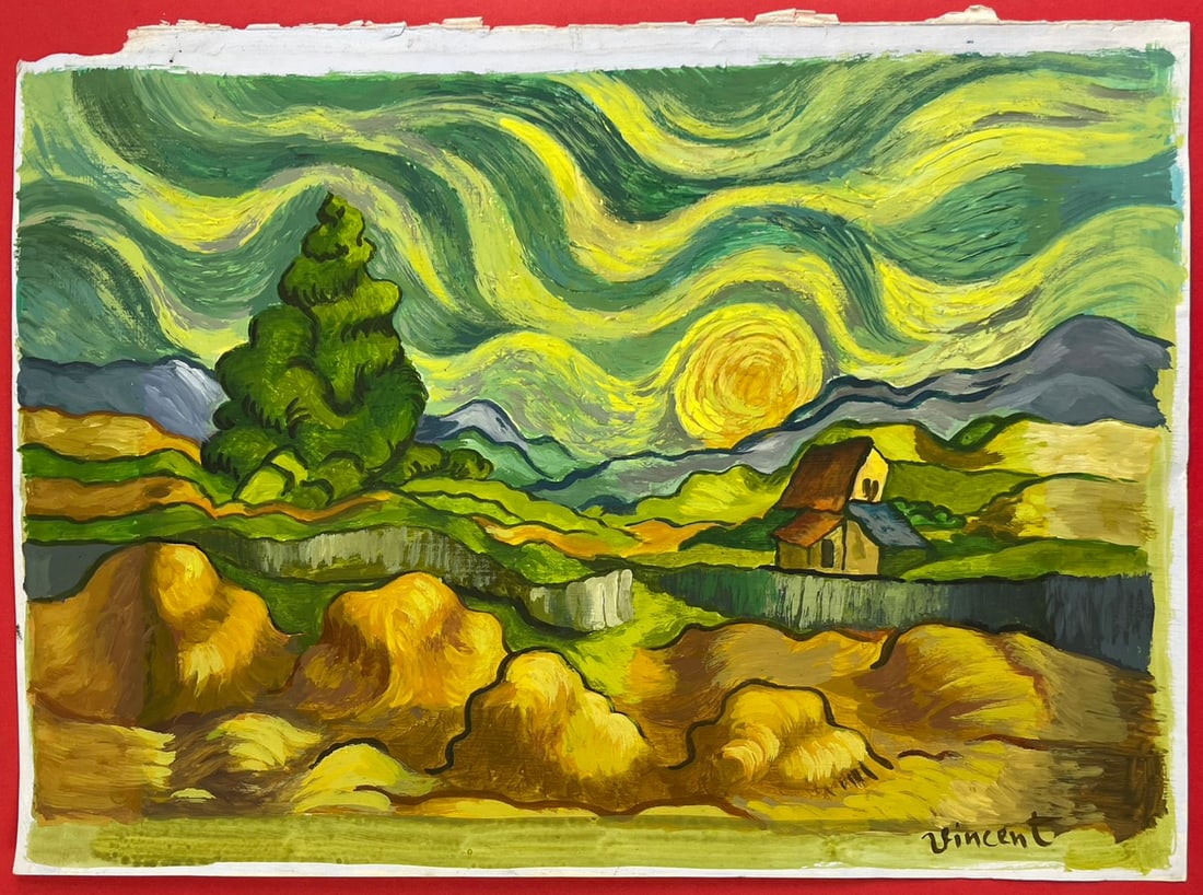 Vincent Van Gogh (Drawing on Paper Painting) Style of: Drawing on paper 8 x 12 inches, rendered in the style of Vincent Van Gogh (30 Mar 1853 - 29 Jul 1890) was a Dutch painter, generally considered to be the greatest after Rembrandt van Rijn, and one of