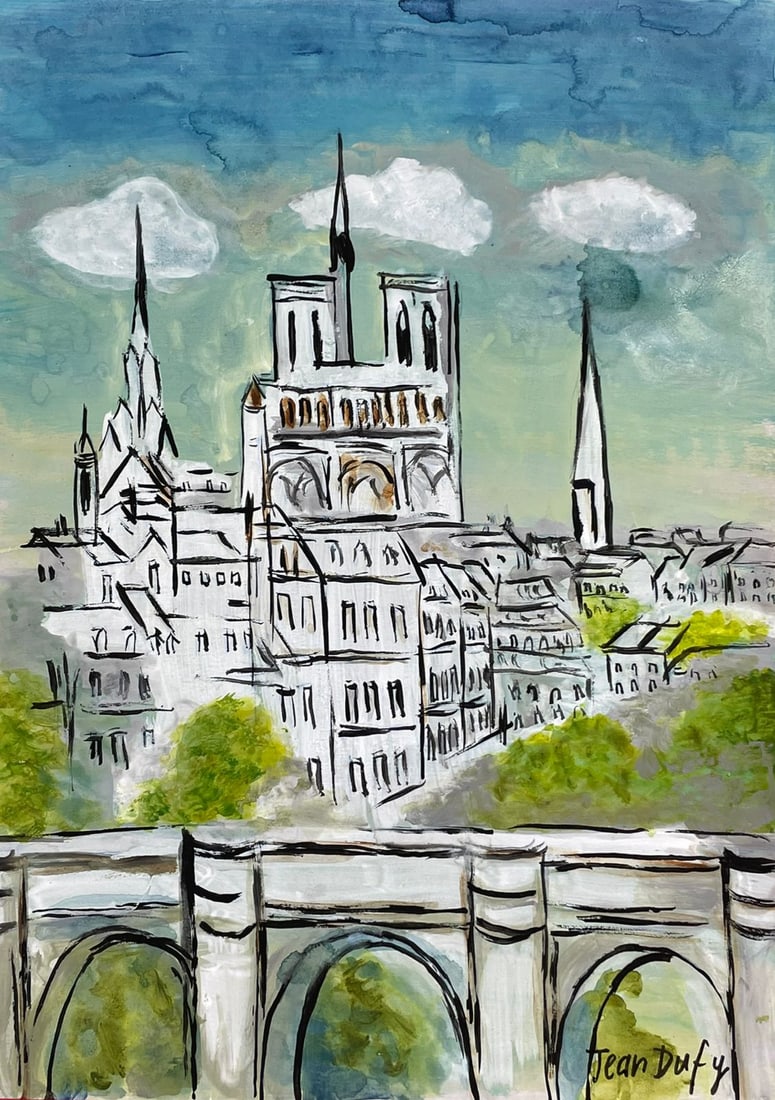 Jean Dufy (Drawing on Paper Painting) Style of: Drawing on paper 8 x 12 inches, rendered in the style of Dufy lived between (12 Mar 1888 - 12 May 1964) was a French painter of Parisian society, country scenes, circuses, horse races, theatrical prod