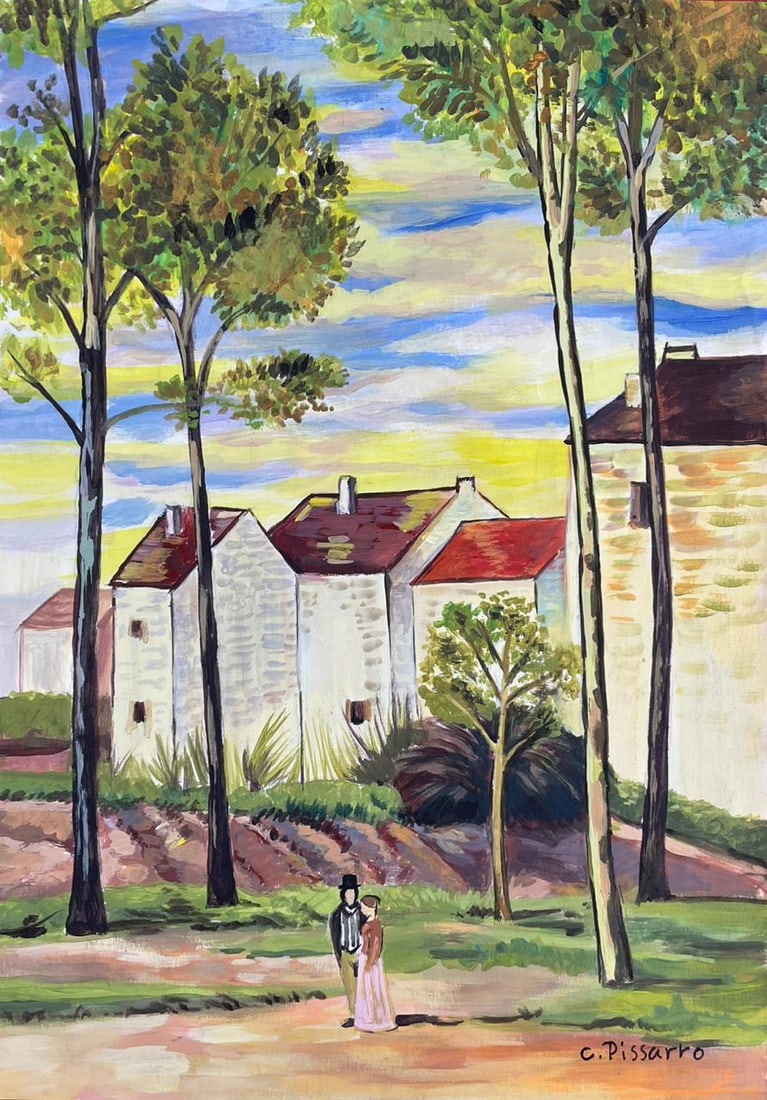 Camille Pissarro (Drawing on Paper Painting) Style of: Drawing on paper 8 x 12 inches, rendered in the style of Pissarro (10 Jul 1830 - 13 Nov 1903) was a Danish-French Impressionist and Neo-Impressionist painter born on the island of Saint Thomas (now in