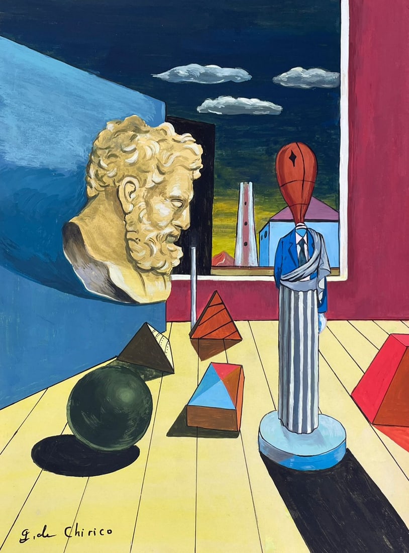 Giorgio de Chirico (Drawing on Paper Painting) Style of: Drawing on paper 8 x 12 inches, rendered in the style of Chirico (10 Jul 1888 - 20 Nov 1978) was an Italian artist and writer born in Greece. In the years before World War I, he founded the scuola met
