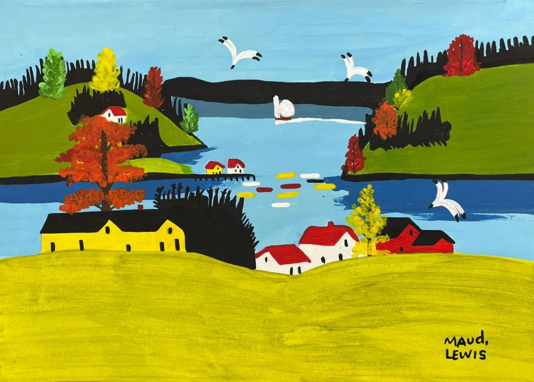 Maud Lewis (Drawing on Paper Painting) Style of: Drawing on paper 8 x 12 inches, rendered in the style of Lewis (07 Mar 1903 - 30 Jul 1970) was a Canadian folk artist from Nova Scotia. She lived most of her life in poverty in a tiny house in Marshal