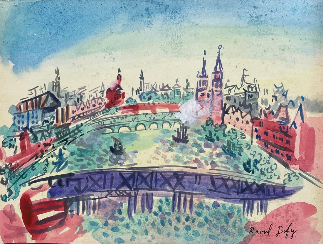 Raoul Dufy (Drawing on Paper Painting) Style of: Drawing on paper 8 x 12 inches, rendered in the style of Dufy (03 Jun 1877 - 23 Mar 1953) was a French painter associated with the Fauvist movement. He gained recognition for his vibrant and decorativ
