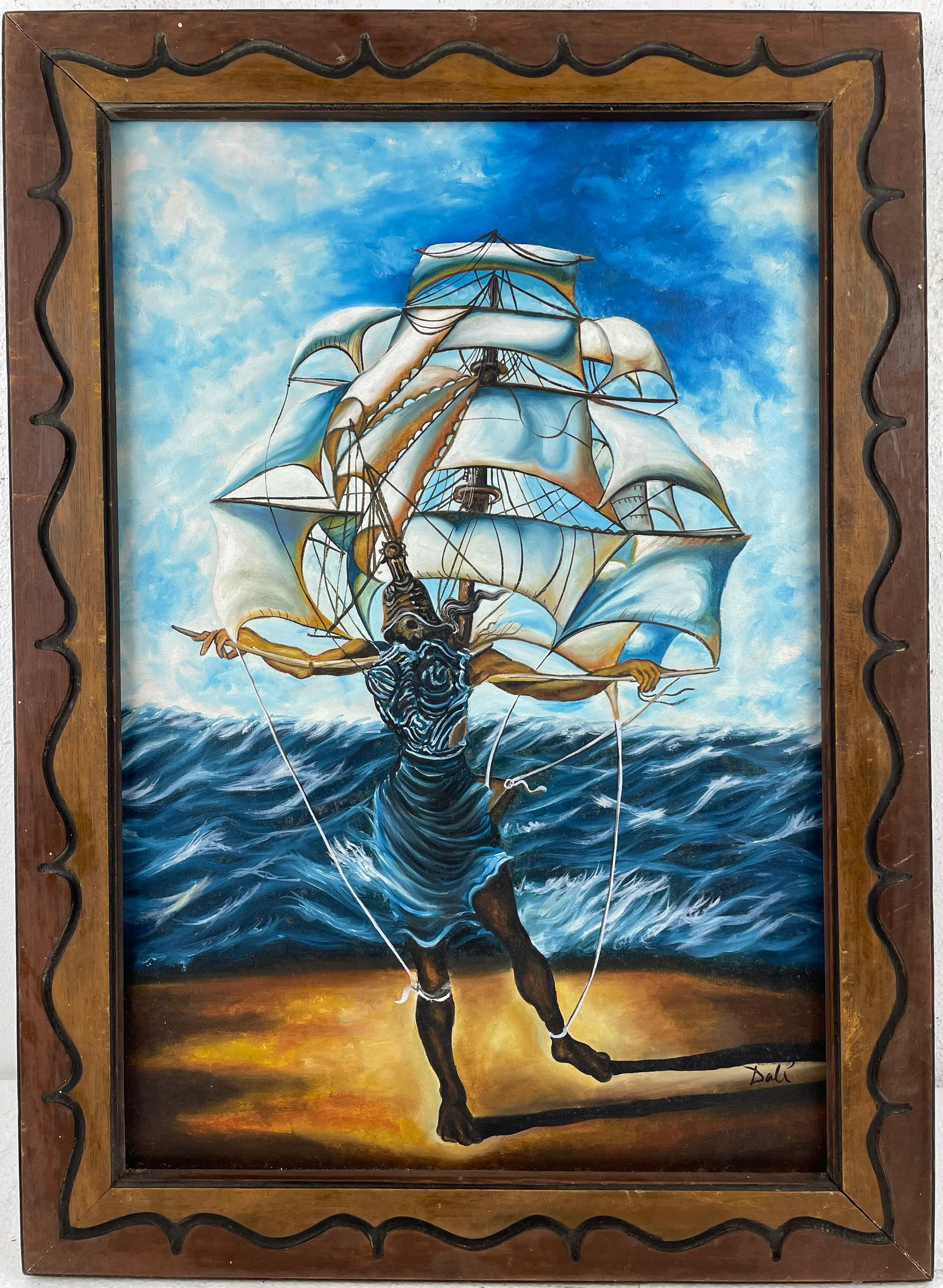 Salvador Dali Spanish (Oil on canvas painting) Style of: Oil on canvas painting 20½ x 28½ inches, rendered in the style of Salvador Dali between (11 May 1904 - 23 Jan 1989) was a Spanish surrealist artist, painter and printmaker, influential f