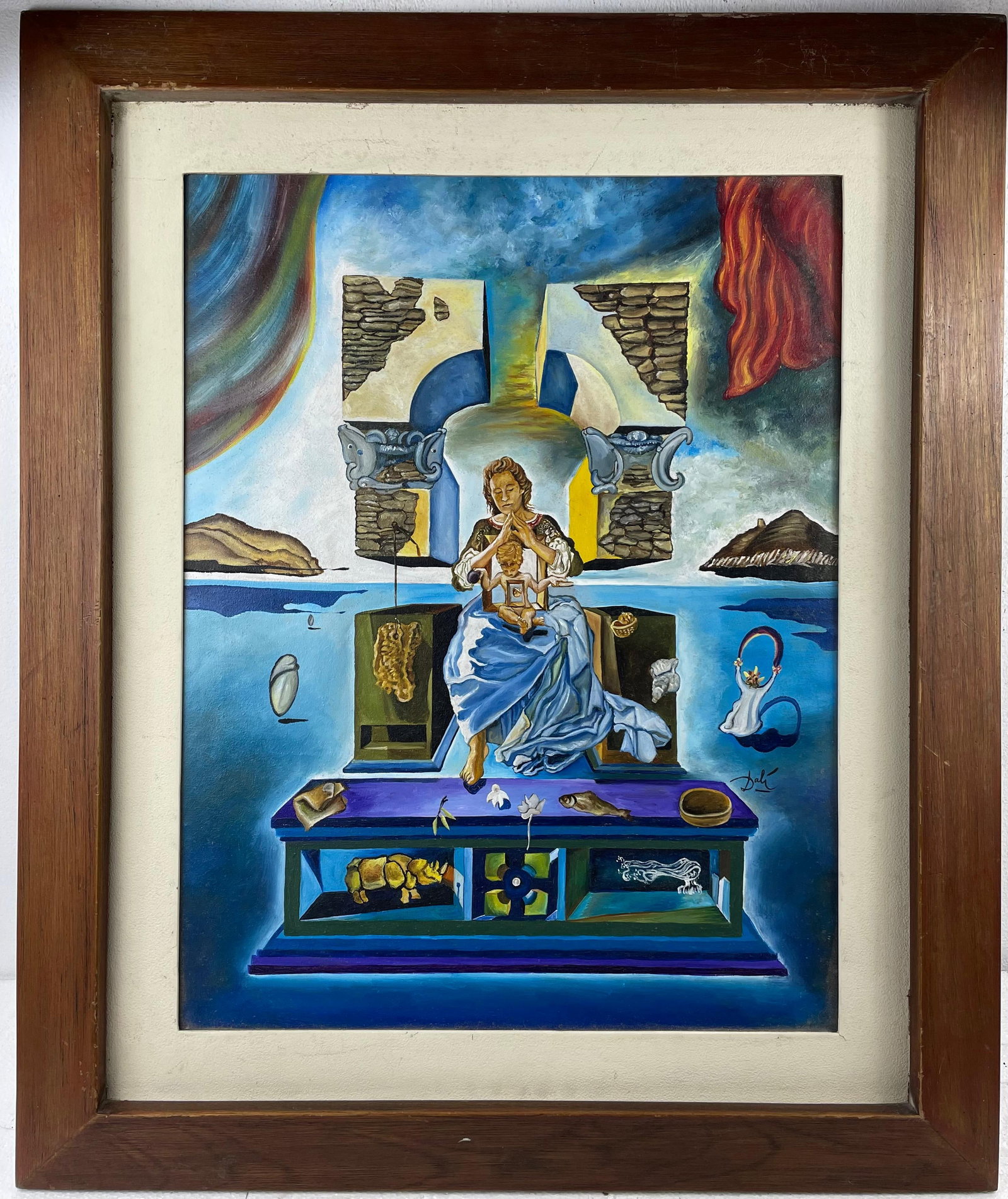 Salvador Dali Spanish (Oil on canvas painting) Style of: Oil on canvas painting 28½ x 34 inches, rendered in the style of Salvador Dali between (11 May 1904 - 23 Jan 1989) was a Spanish surrealist artist, painter and printmaker, influential for his e