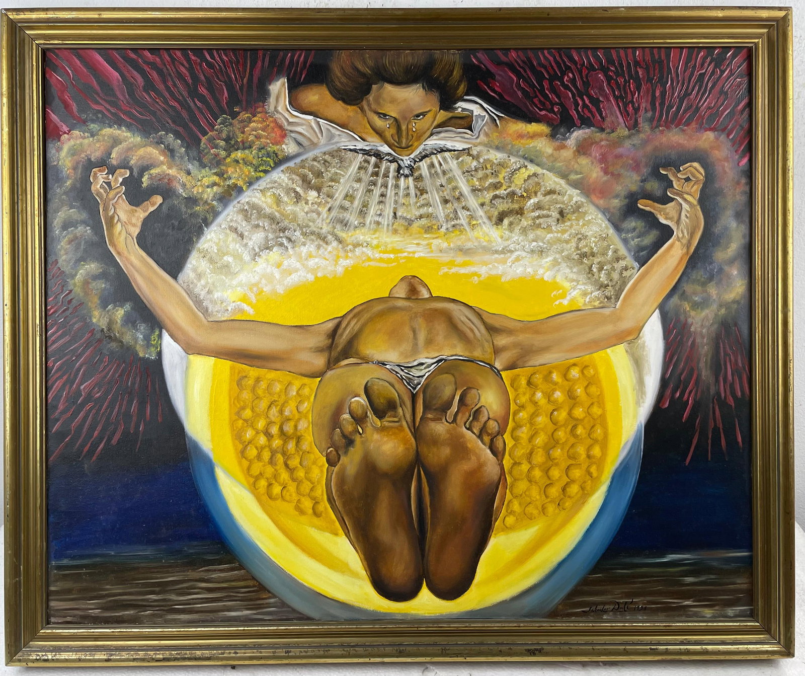 Salvador Dali Spanish (Oil on canvas painting) Style of: Oil on canvas painting 28 x 33 inches, rendered in the style of Salvador Dali between (11 May 1904 - 23 Jan 1989) was a Spanish surrealist artist, painter and printmaker, influential for his explorati