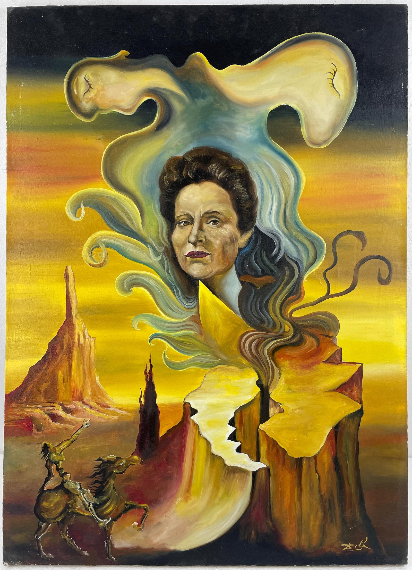 Salvador Dali Spanish (Oil on canvas painting) Style of: Oil on canvas painting 26 x 36 inches, rendered in the style of Salvador Dali between (11 May 1904 - 23 Jan 1989) was a Spanish surrealist artist, painter and printmaker, influential for his explorati