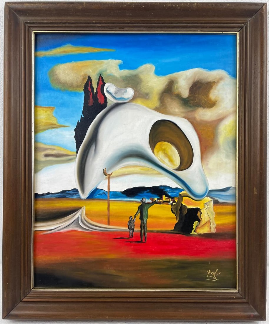 Salvador Dali Spanish (Oil on cardboard painting) Style of: Oil on cardboard painting 18 x 23 inches, rendered in the style of Salvador Dali between (11 May 1904 - 23 Jan 1989) was a Spanish surrealist artist, painter and printmaker, influential for his explor