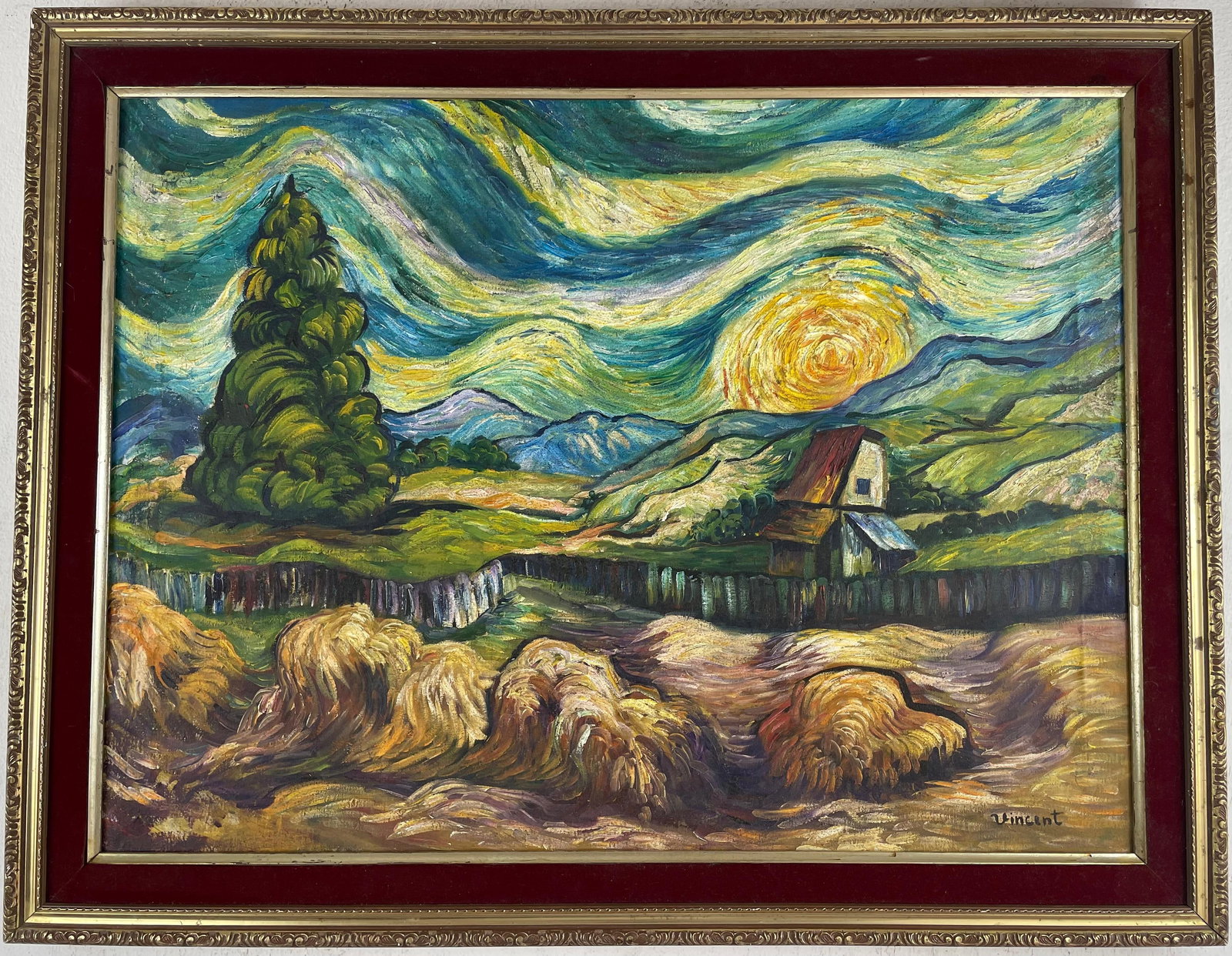 Vincent Van Gogh (Oil on canvas painting) Style of: Oil on canvas painting 23 x 29 inches, rendered in the style of Vincent Van Gogh (30 Mar 1853 - 29 Jul 1890) was a Dutch painter, generally considered to be the greatest after Rembrandt van Rijn, and