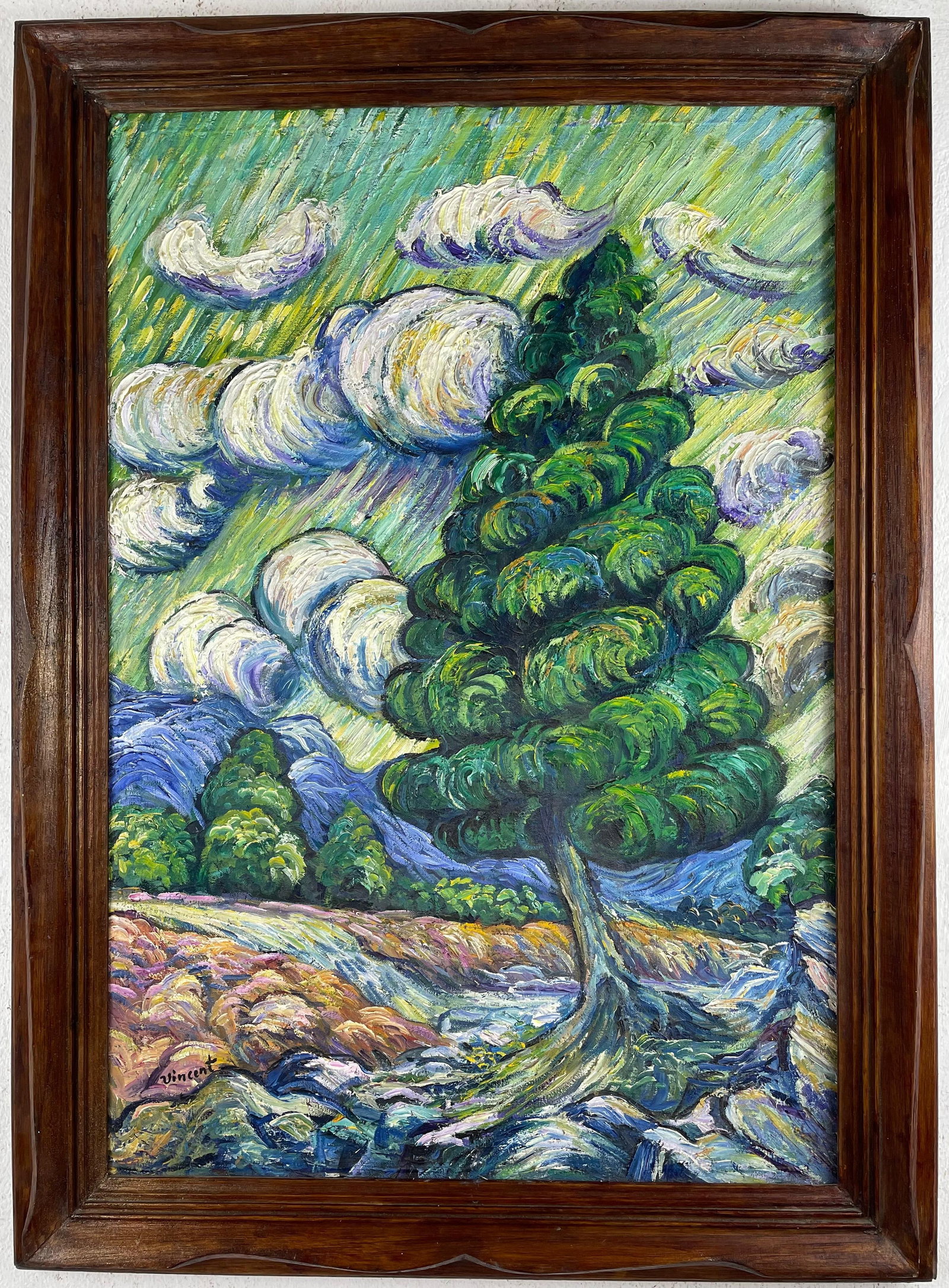 Vincent Van Gogh (Oil on canvas painting) Style of: Oil on canvas painting 24 x 33 inches, rendered in the style of Vincent Van Gogh (30 Mar 1853 - 29 Jul 1890) was a Dutch painter, generally considered to be the greatest after Rembrandt van Rijn, and