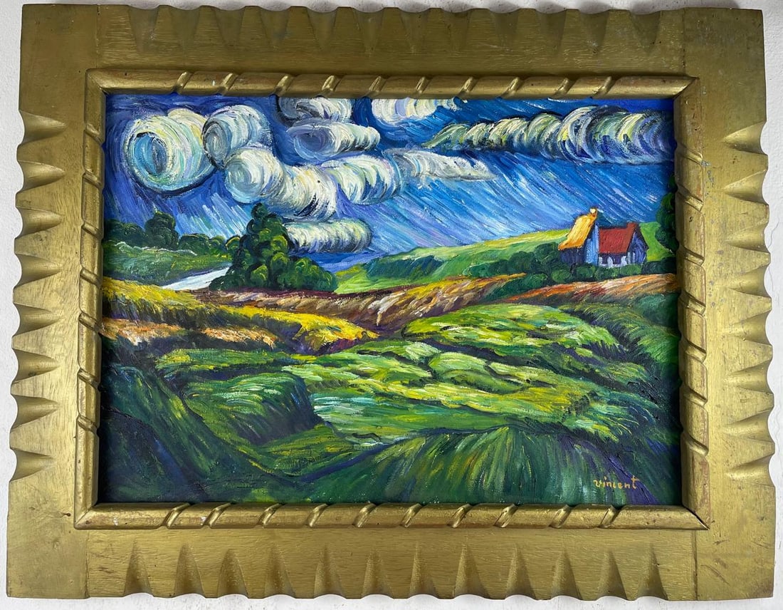 Vincent Van Gogh (Oil on canvas painting) Style of: Oil on canvas painting 25 x 32 inches, rendered in the style of Vincent Van Gogh (30 Mar 1853 - 29 Jul 1890) was a Dutch painter, generally considered to be the greatest after Rembrandt van Rijn, and