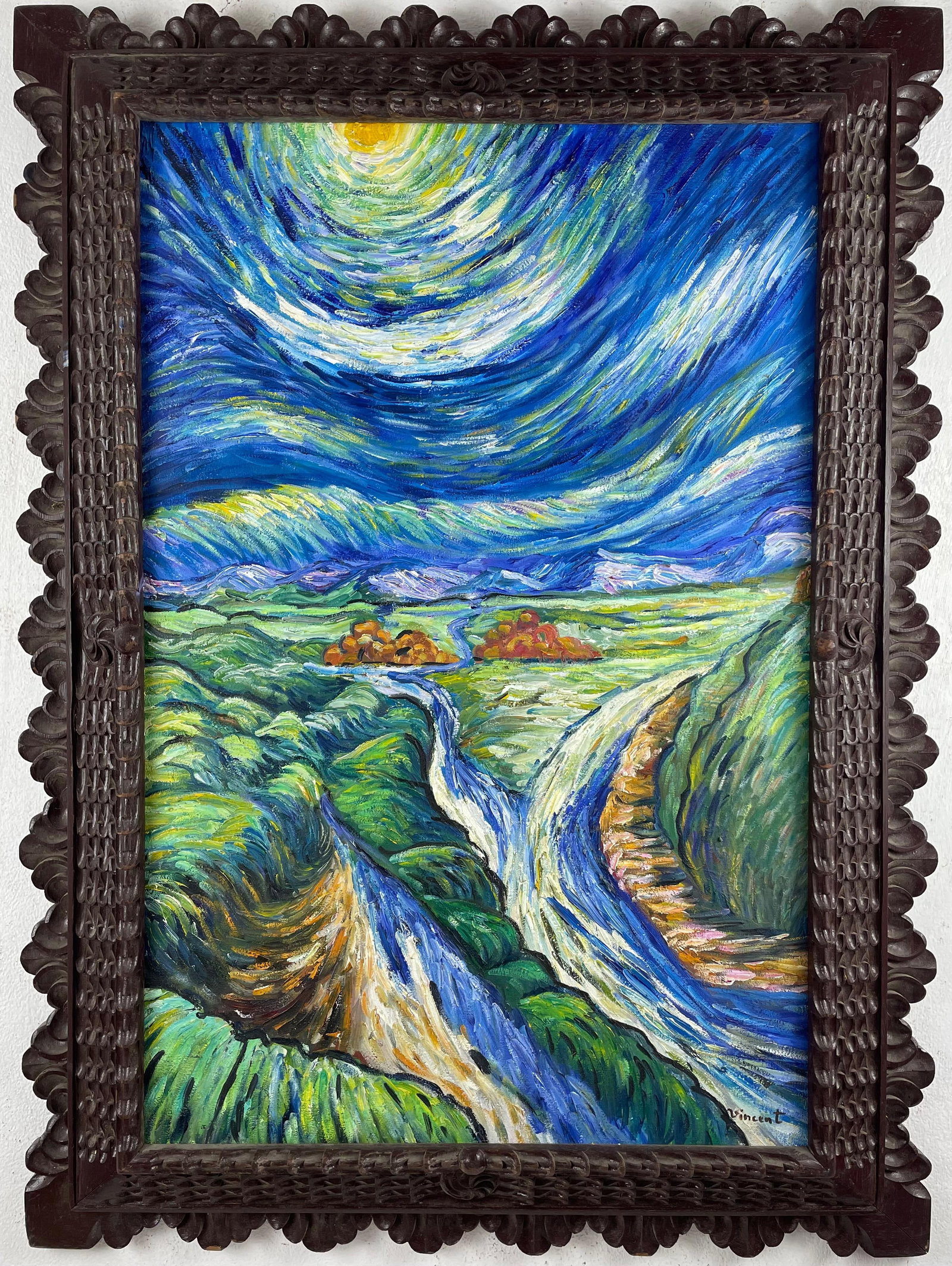 Vincent Van Gogh (Oil on canvas painting) Style of: Oil on canvas painting 27½ x 37½ inches, rendered in the style of Vincent Van Gogh (30 Mar 1853 - 29 Jul 1890) was a Dutch painter, generally considered to be the greatest after Rembrand