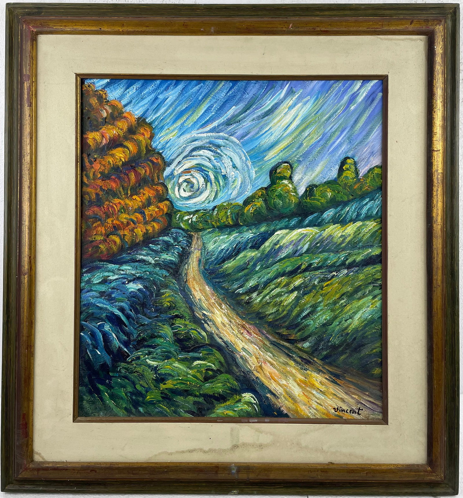 Vincent Van Gogh (Oil on canvas painting) Style of: Oil on canvas painting 25½ x 27½ inches, rendered in the style of Vincent Van Gogh (30 Mar 1853 - 29 Jul 1890) was a Dutch painter, generally considered to be the greatest after Rembrand