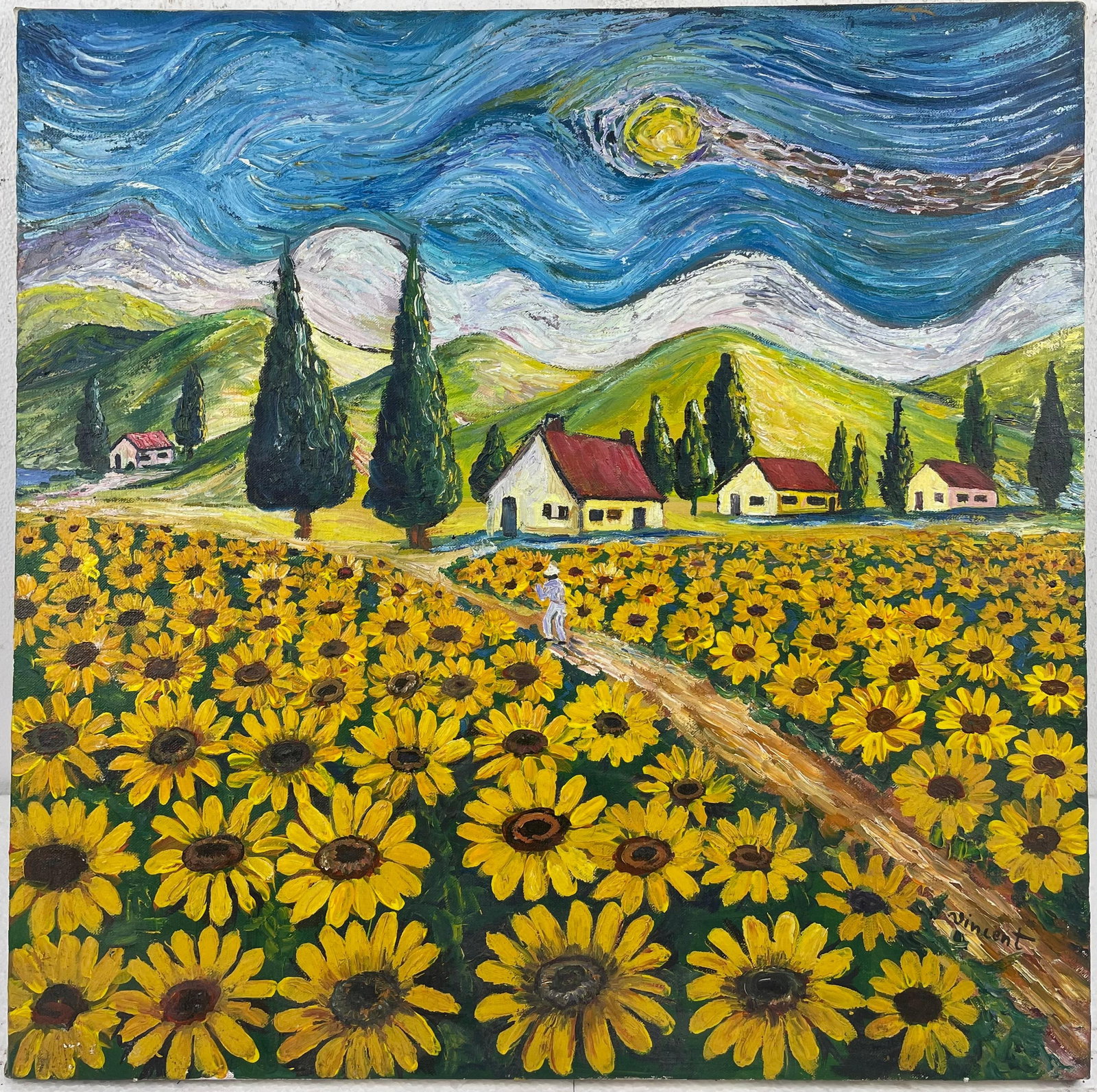 Vincent Van Gogh (Oil on canvas painting) Style of: Oil on canvas painting 23 x 23 inches, rendered in the style of Vincent Van Gogh (30 Mar 1853 - 29 Jul 1890) was a Dutch painter, generally considered to be the greatest after Rembrandt van Rijn, and