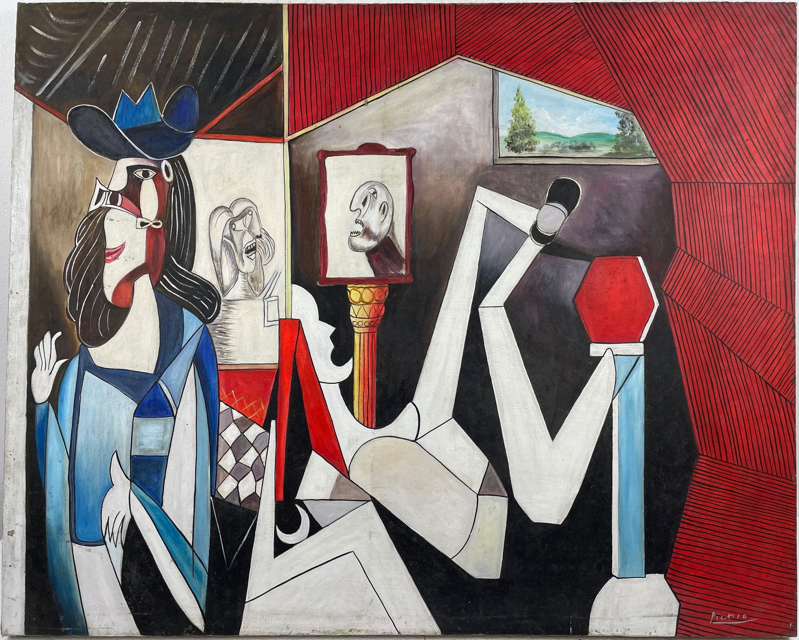 Pablo Picasso Spanish (Oil on canvas painting) Style of: Oil on canvas painting 26 x 34 inches, rendered in the style of Pablo Picasso (25 Oct 1881 - 08 Apr 1973) was a Spanish painter,he grew up in Barcelona, showing artistic talent at an early age. Proven