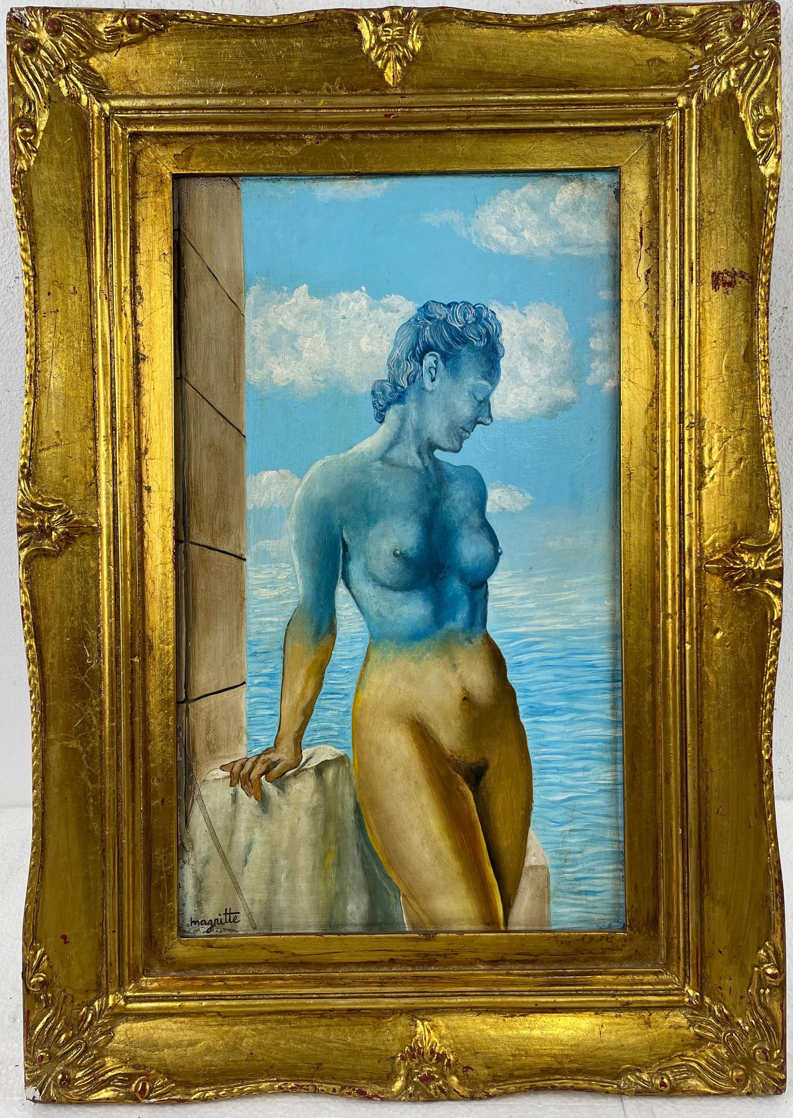 Rene Magritte (Oil on cardboard painting) Style of: Oil on cardboard painting 18½ x 26 inches, rendered in the style of Rene Magritte (21 Nov 1898 - 15 Aug 1967) was a Belgian surrealist artist known for his depictions of familiar objects in unf