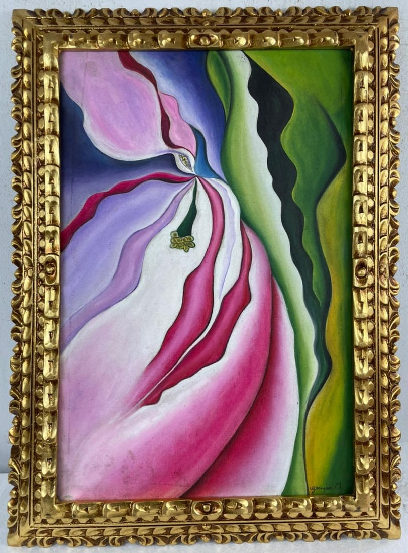 Georgia O'Keeffe (Oil on canvas painting) Style of: Oil on canvas painting 21 x 29 inches, rendered in the style of Georgia O'Keeffe (15 Nov 1887 - 06 Mar 1986) was an American modernist painter and draftswoman whose career spanned seven decades and wh