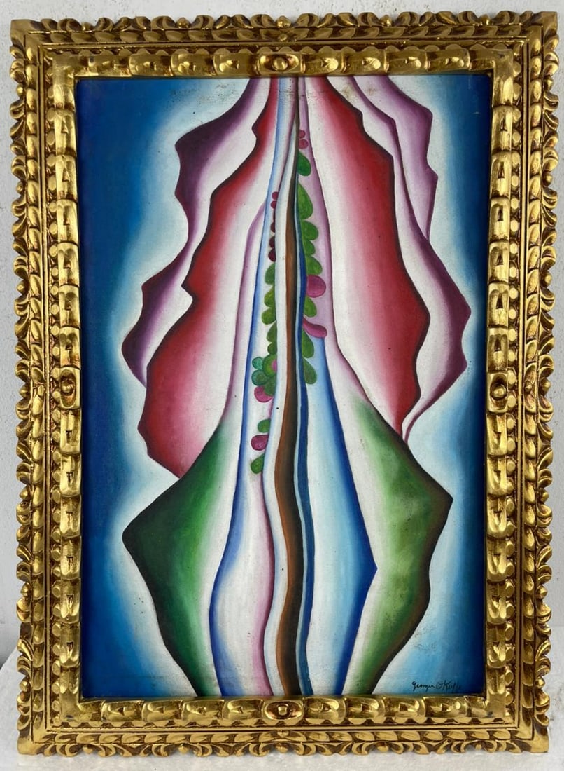 Georgia O'Keeffe (Oil on canvas painting) Style of: Oil on canvas painting 21 x 29 inches, rendered in the style of Georgia O'Keeffe (15 Nov 1887 - 06 Mar 1986) was an American modernist painter and draftswoman whose career spanned seven decades and wh