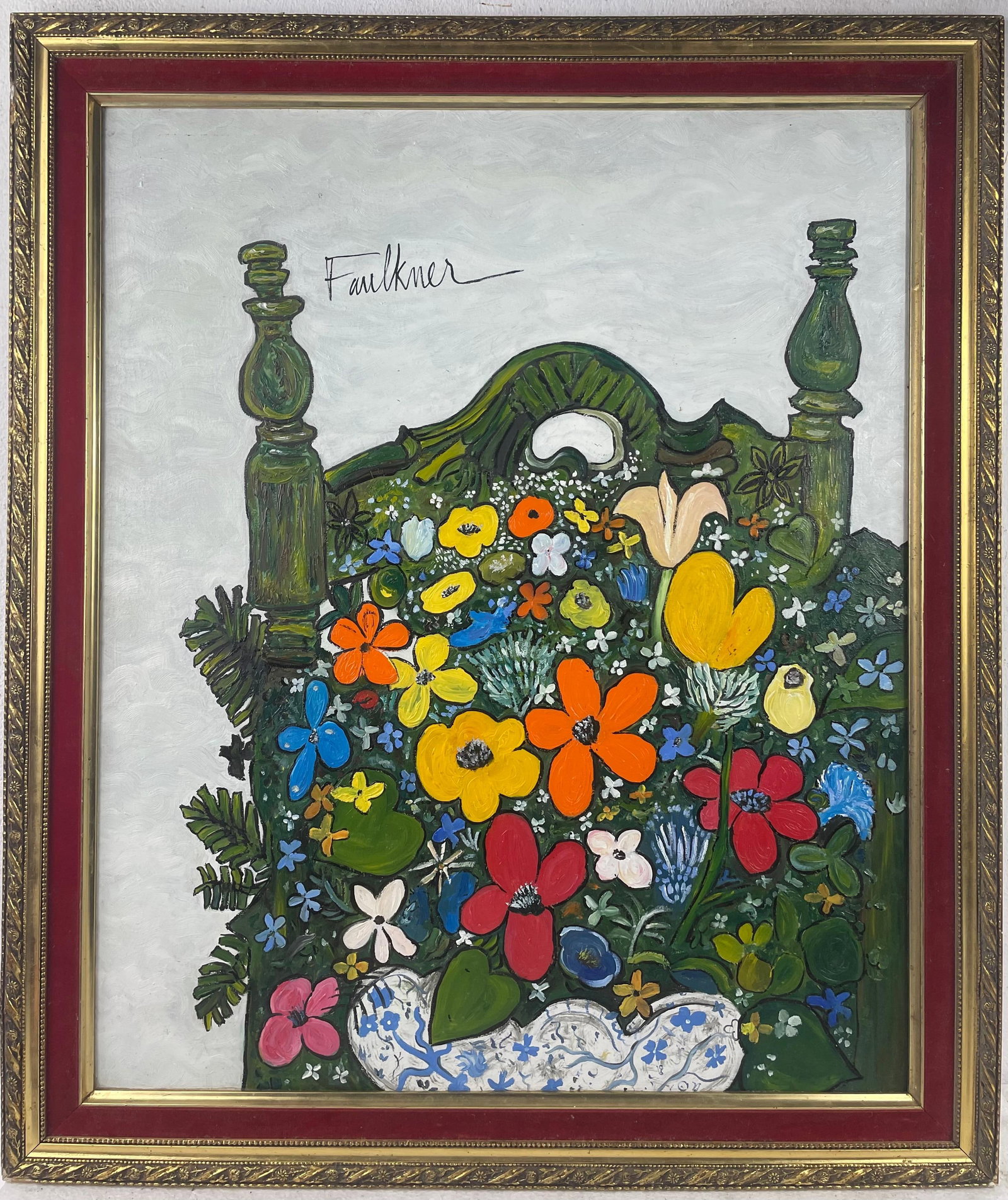 Henry Faulkner (Oil on cardboard painting) Style of: Oil on cardboard painting 27 x 32 inches, rendered in the style of Henry Faulkner (09 Jan 1924 - 05 Dec 1981) was an American artist and poet known as an eccentric rebel and bohemian. Provenance: Priv