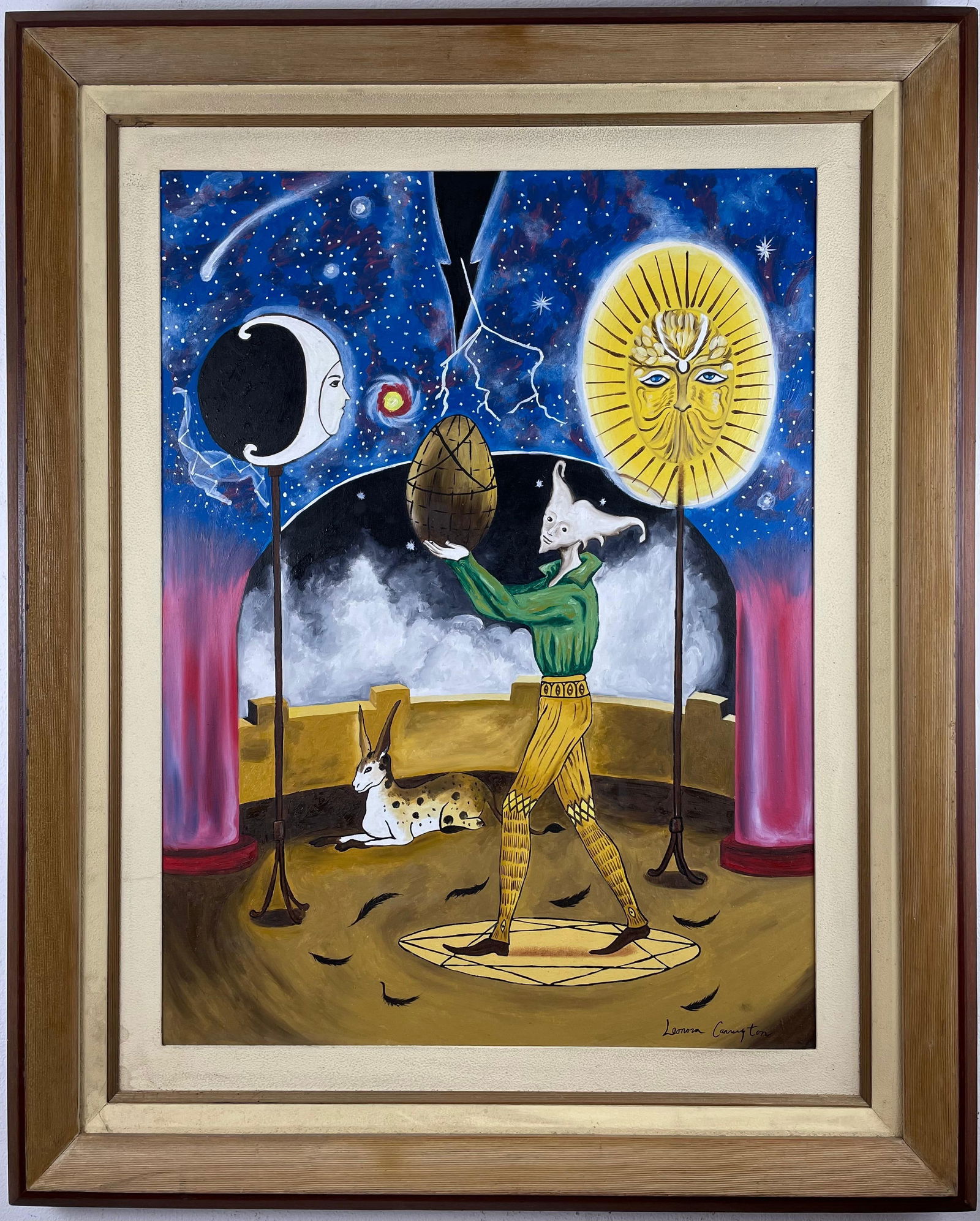 Leonora Carrington (Oil on canvas painting) Style of: Oil on canvas painting 33½ x 41 inches, rendered in the style of Leonora Carrington (06 Apr 1917 - 25 May 2011) was a British-born, naturalized Mexican surrealist painter and novelist. She live
